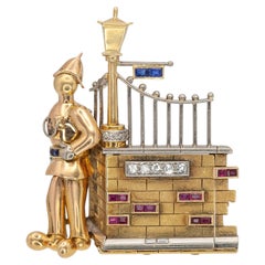 Made in England 18K Gold Diamond Ruby Sapphire Mechanical Watch Brooch