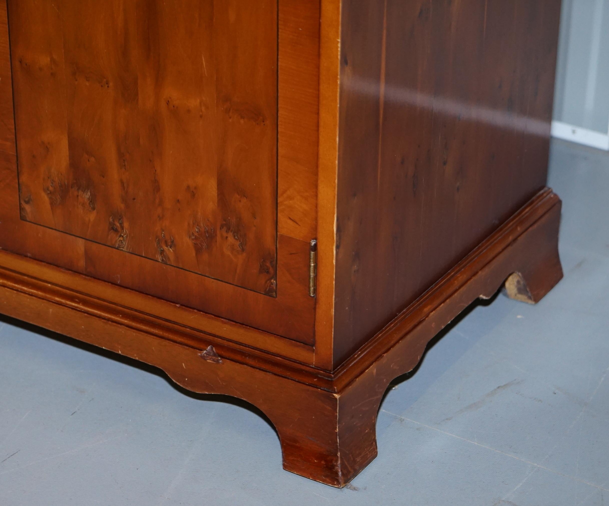 Made in England Bradley Furniture Burr Yew Wood Triple Drawer Sideboard Cupboard For Sale at
