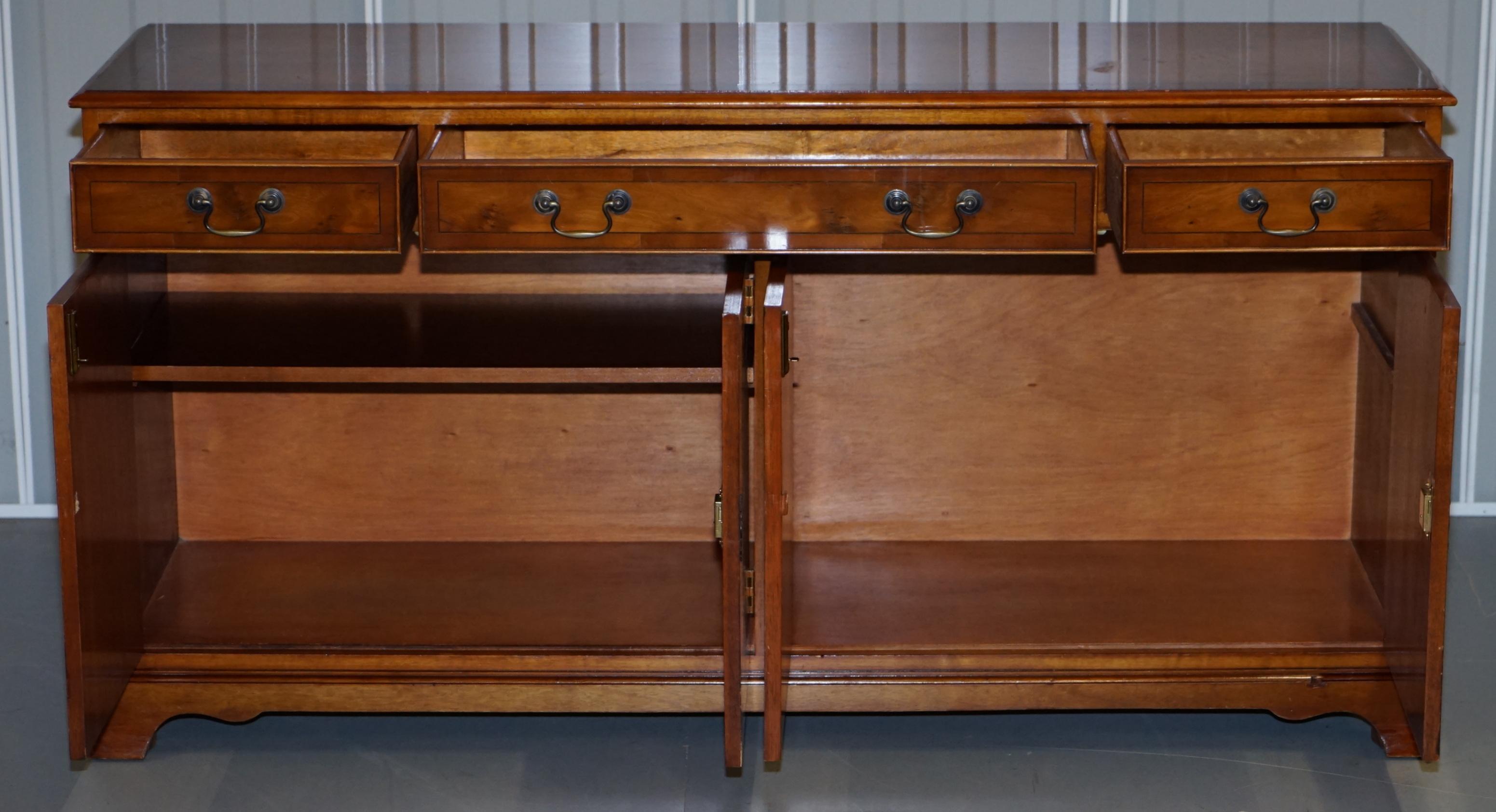 Made in England Bradley Furniture Burr Yew Wood Triple Drawer Sideboard