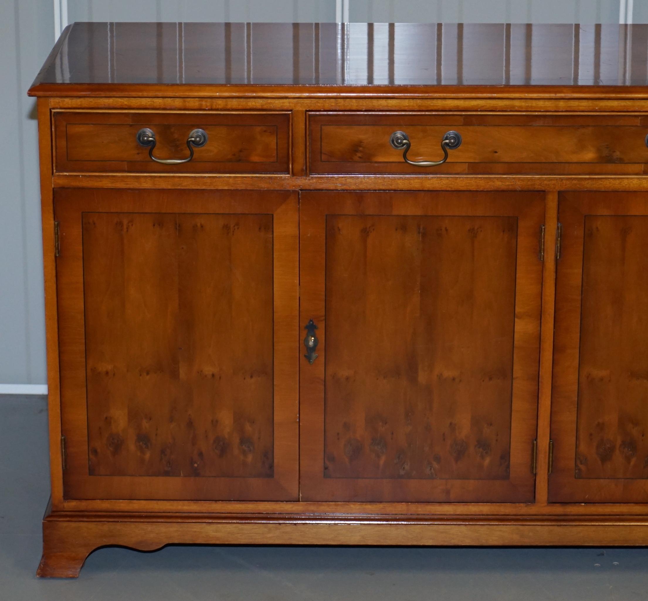Made in England Bradley Furniture Burr Yew Wood Triple Drawer Sideboard