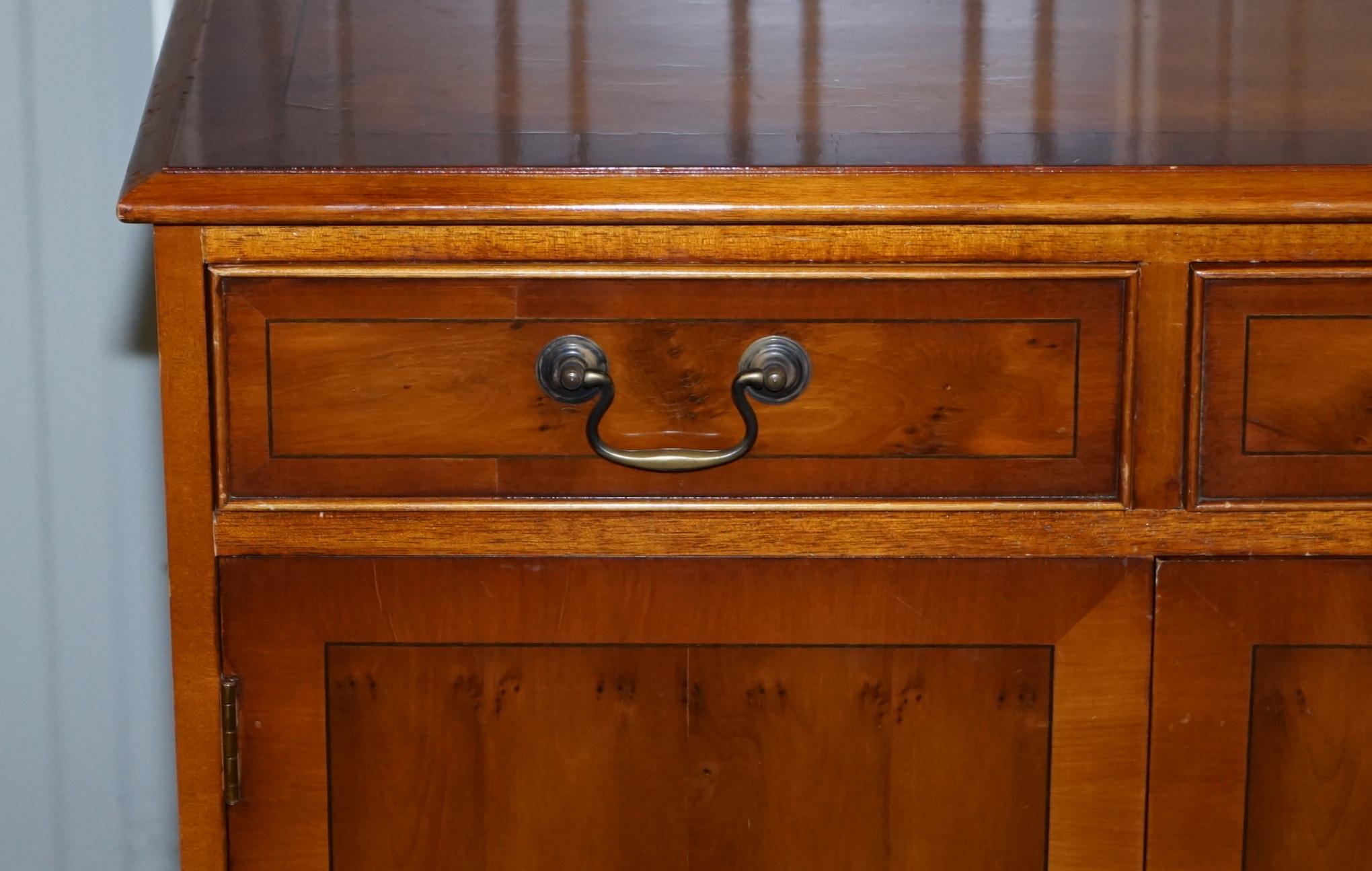 Made in England Bradley Furniture Burr Yew Wood Triple Drawer Sideboard