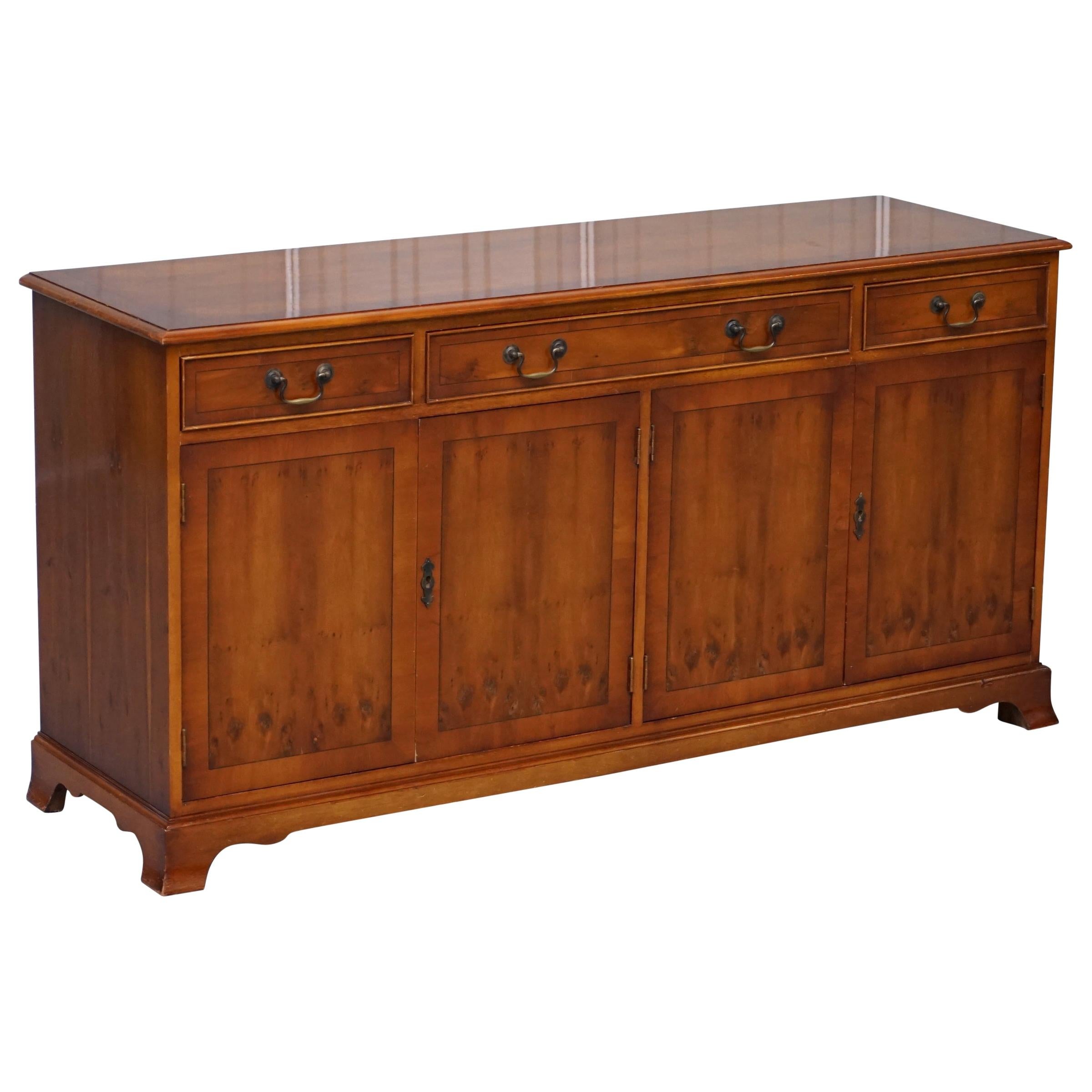 Made in England Bradley Furniture Burr Yew Wood Triple Drawer Sideboard Cupboard