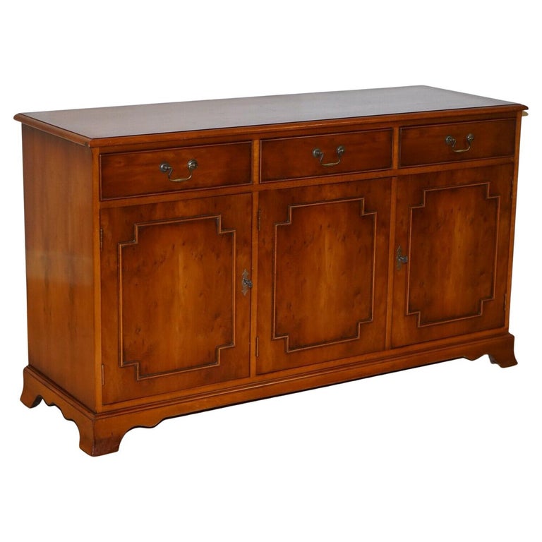 Made in England Bradley Furniture Burr Yew Wood Triple Drawer Sideboard Cupboard at 1stDibs