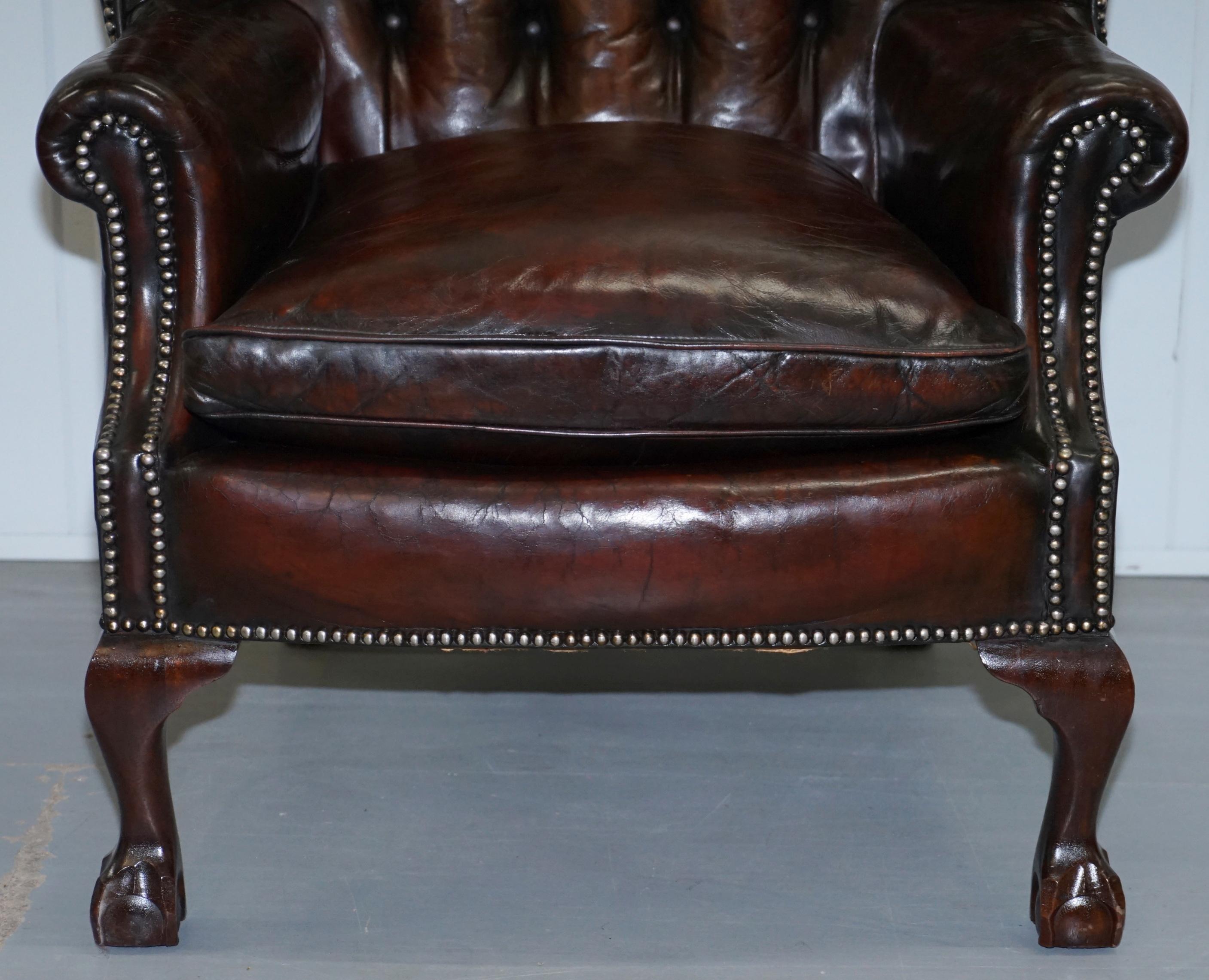 Made in England Chesterfield Leather Wingback Claw & Ball Armchair and Footstool 1