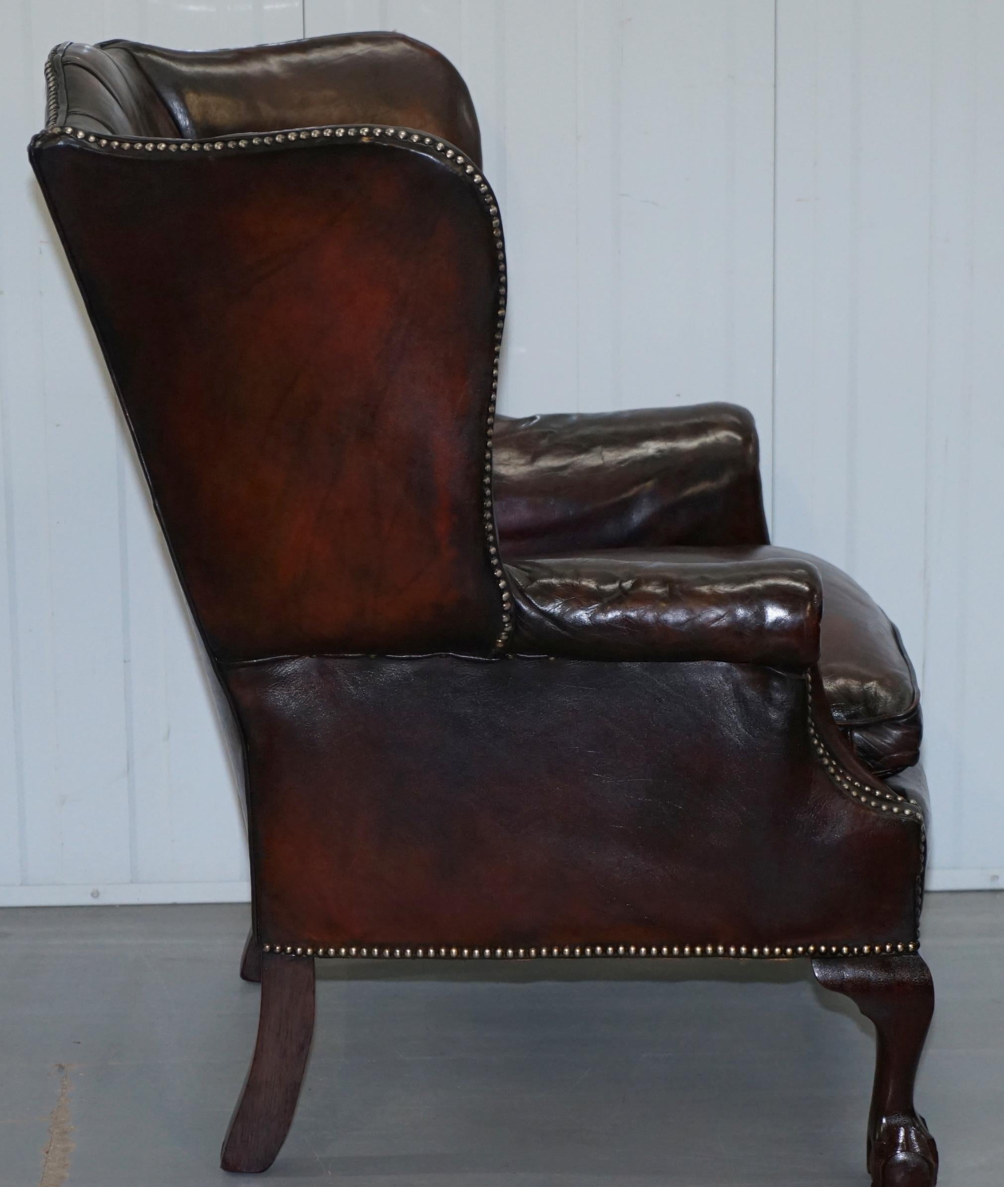 Made in England Chesterfield Leather Wingback Claw & Ball Armchair and Footstool 4