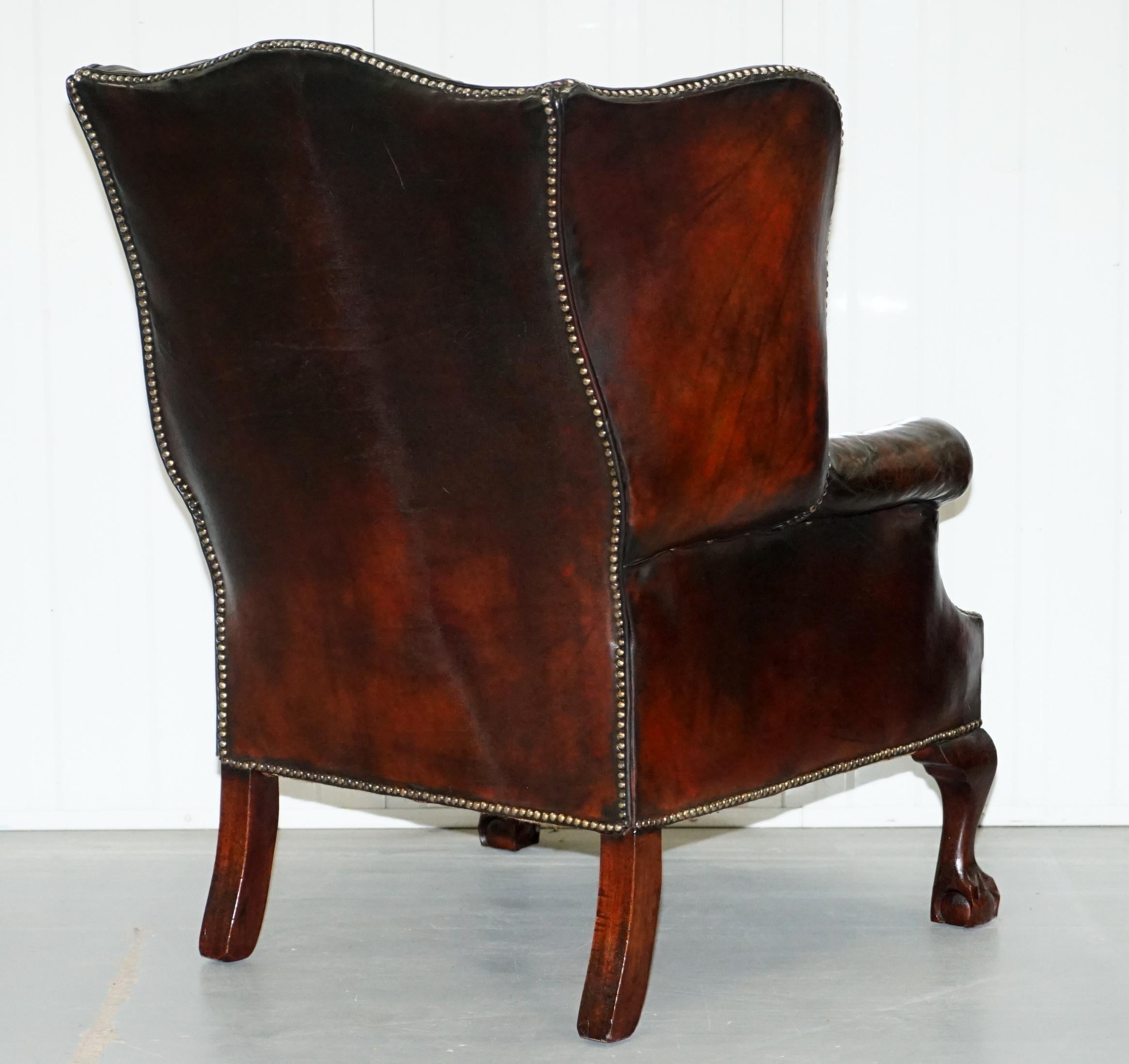 Made in England Chesterfield Leather Wingback Claw & Ball Armchair and Footstool 5
