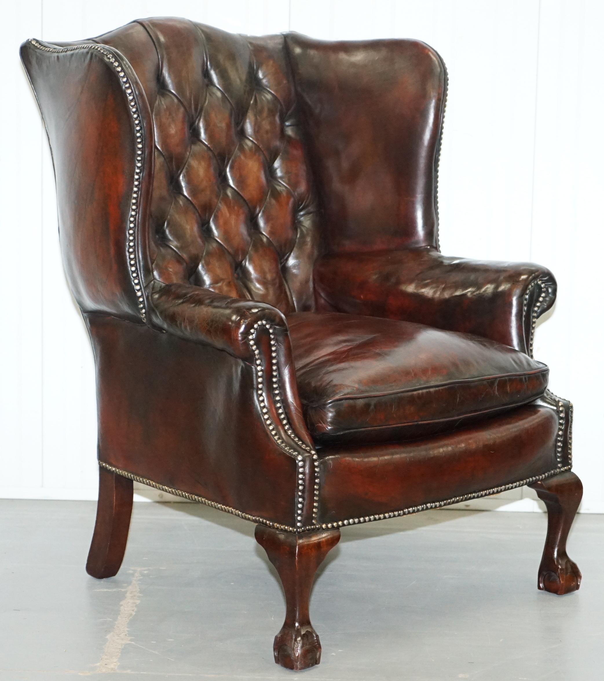 We are delighted to offer for sale this lovely mid-century restored Claw & Ball feet Chesterfield wingback armchair and footstool in brown leather upholstery

Please note the delivery fee listed is just a guide.

A lovely pair, full of vintage charm