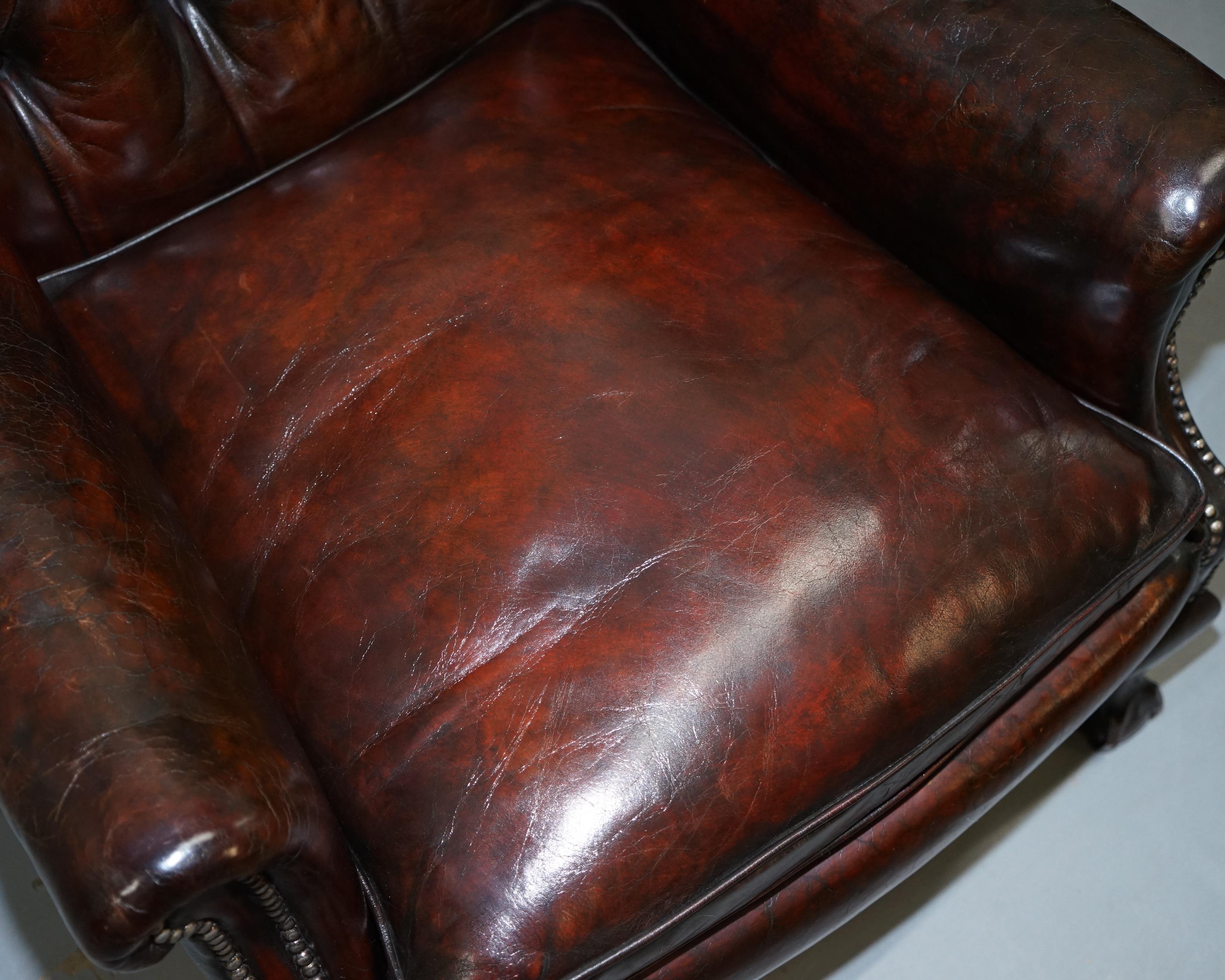Victorian Made in England Chesterfield Leather Wingback Claw & Ball Armchair and Footstool