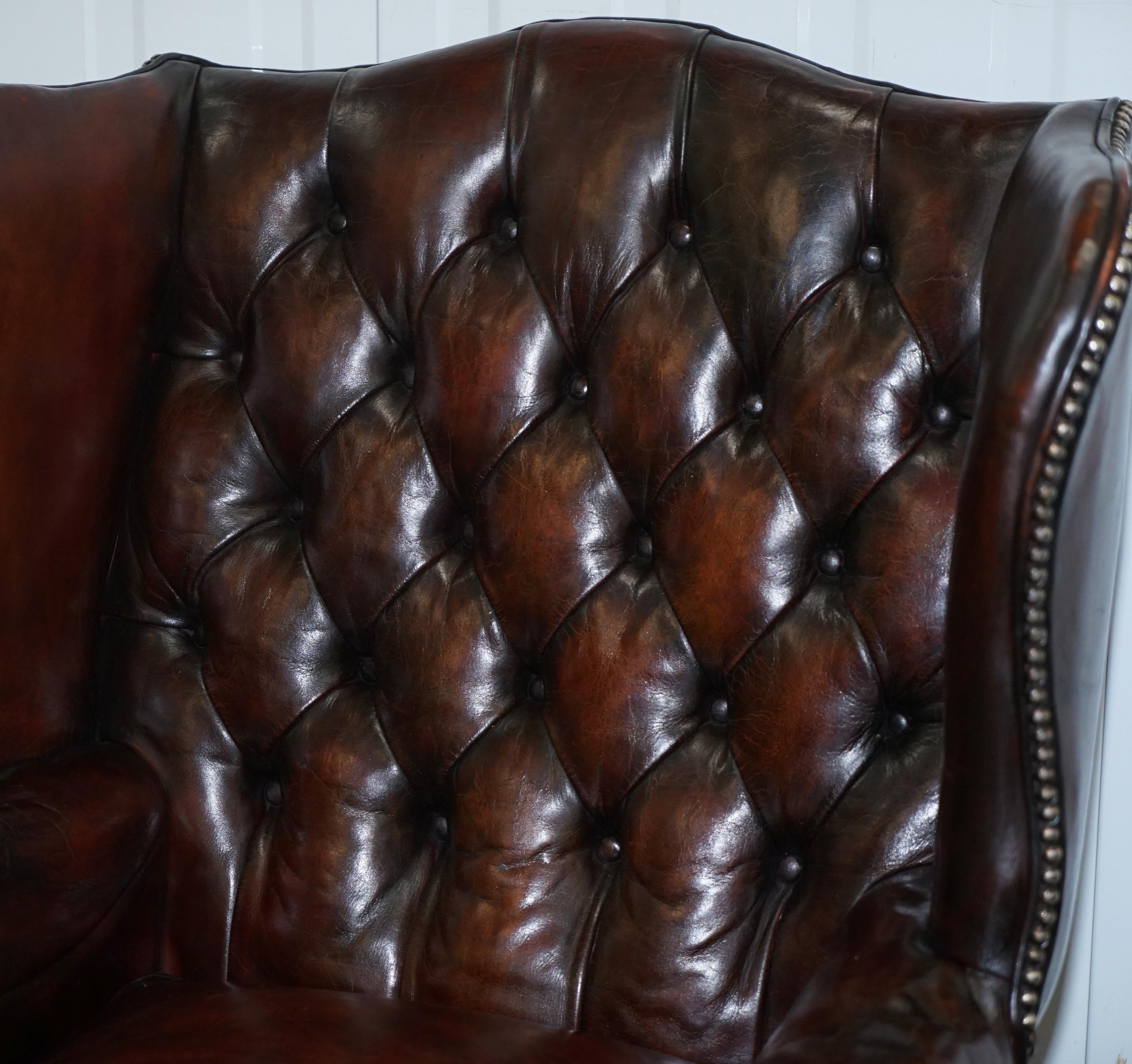 Hand-Crafted Made in England Chesterfield Leather Wingback Claw & Ball Armchair and Footstool