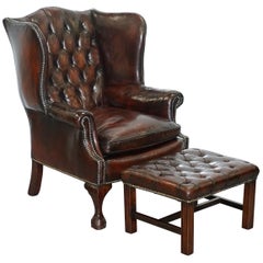 Made in England Chesterfield Leather Wingback Claw & Ball Armchair and Footstool