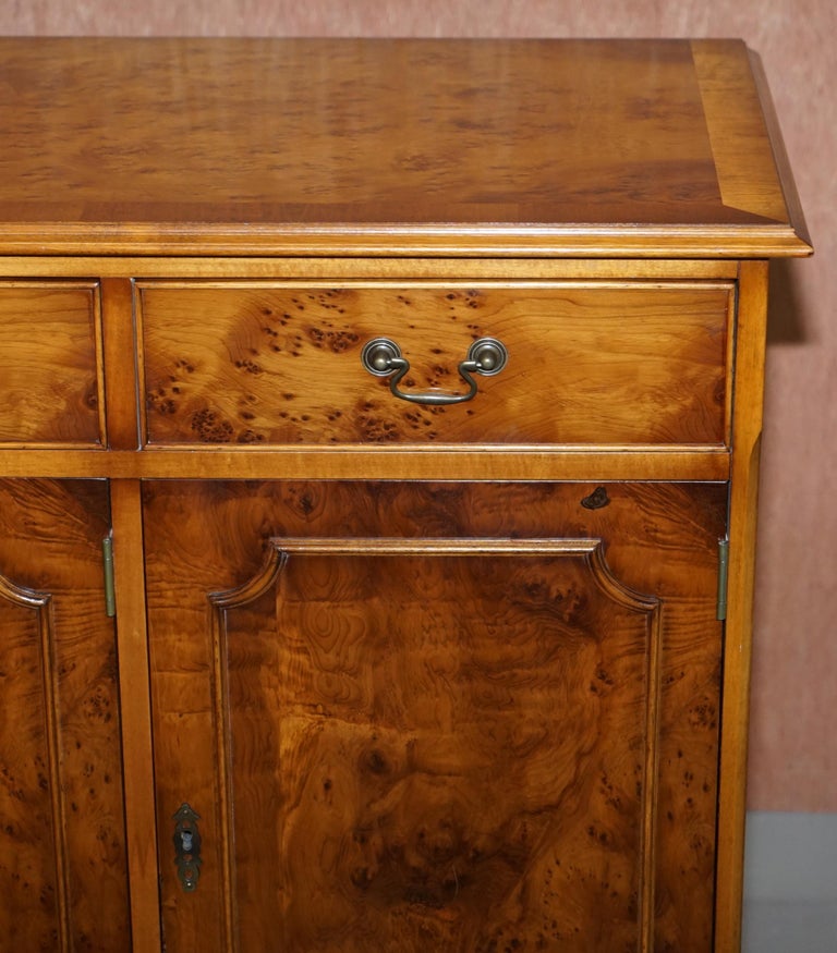 Made in England Craft Furniture Burr Yew Wood Triple Drawer Sideboard Cupboard For Sale at 1stDibs