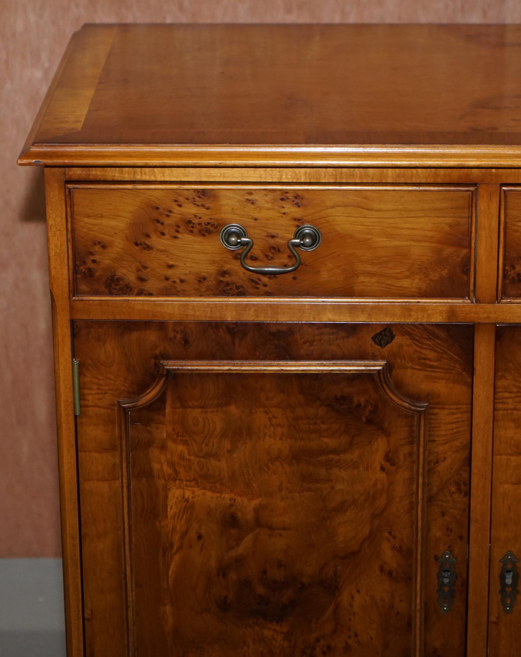 Hand-Crafted Made in England Craft Furniture Burr Yew Wood Triple Drawer Sideboard Cupboard For Sale