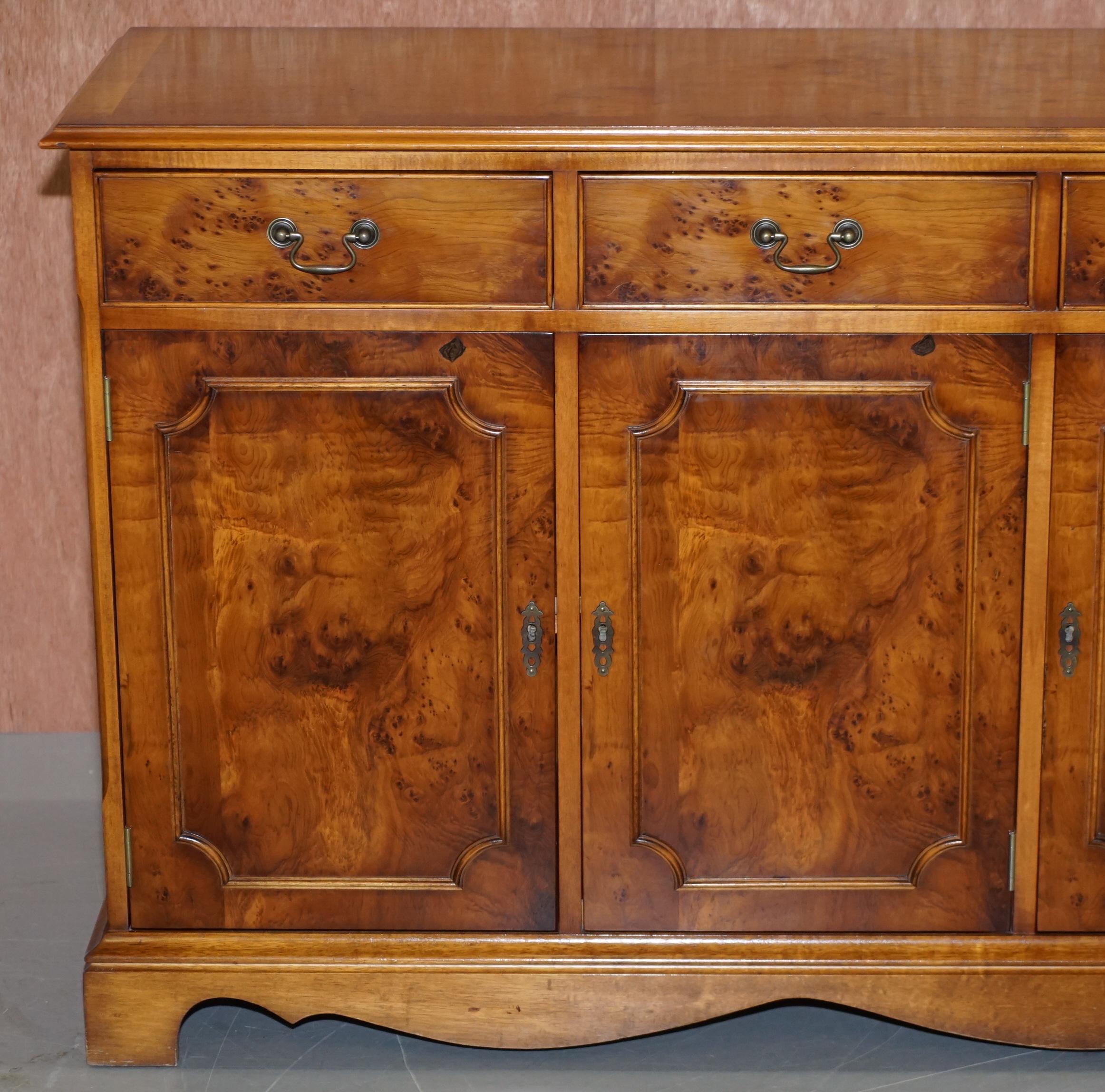 20th Century Made in England Craft Furniture Burr Yew Wood Triple Drawer Sideboard Cupboard For Sale