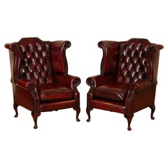 Made in England Pair of Wingback Chairs Hand Dyed Burgundy Leather