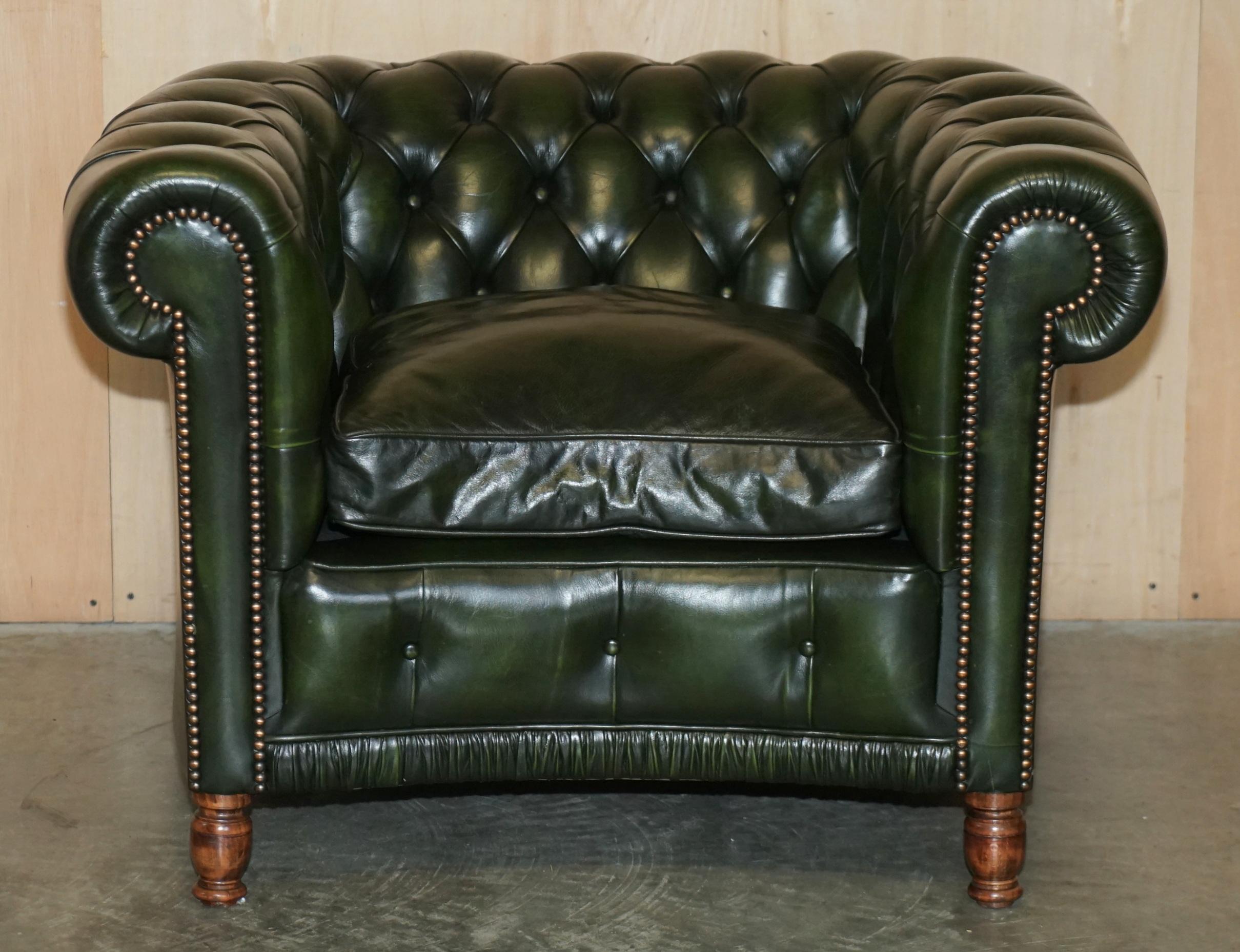 Royal House Antiques

Royal House Antiques is delighted to offer for sale this very nice curved fronted Chesterfield club armchair on Beech turned legs with green upholstery which is part of a suite

Please note the delivery fee listed is just a
