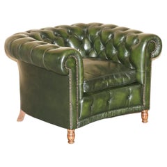 Used MADE IN ENGLAND REGENCY GREEN LEATHER CURVED FRONT CHESTERFIELD CLUB ARMCHAiR