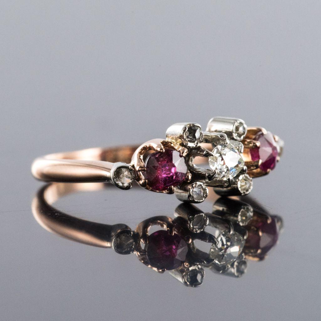 Made in France 19th Century Ruby Diamonds 18 Karat Rose Gold Garter Ring 3