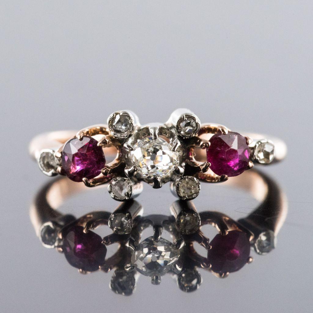 Made in France 19th Century Ruby Diamonds 18 Karat Rose Gold Garter Ring 1