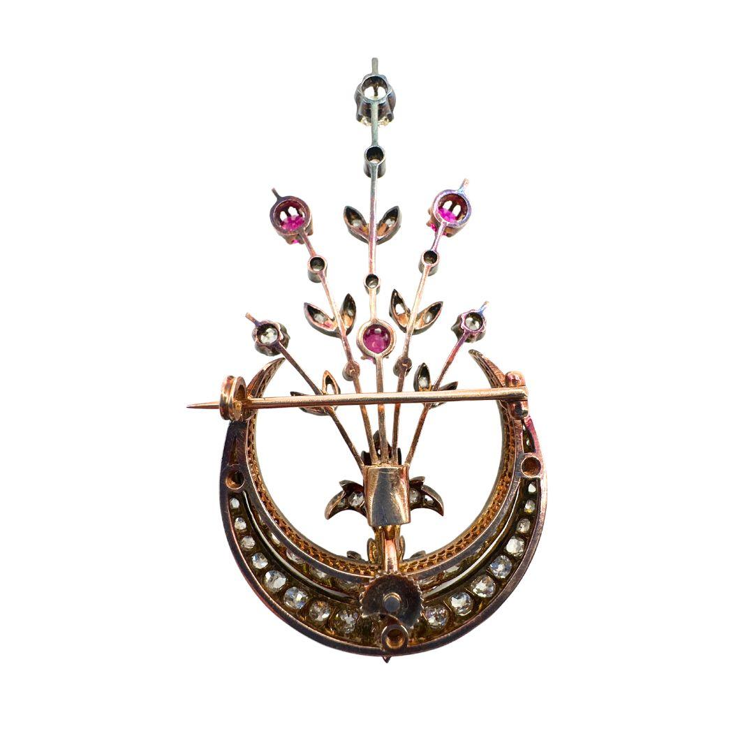 Neoclassical Made in France Diamond and Ruby Detachable Brooch – Circa 1860’s For Sale