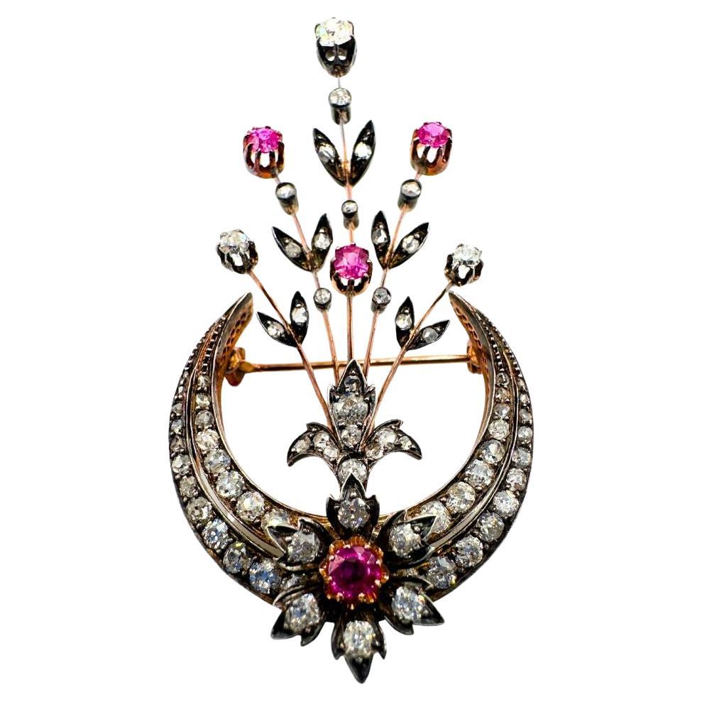 Made in France Diamond and Ruby Detachable Brooch – Circa 1860’s For Sale