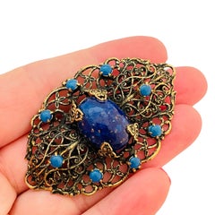 MADE IN GERMANY signed vintage gold tone glass lapis designer brooch