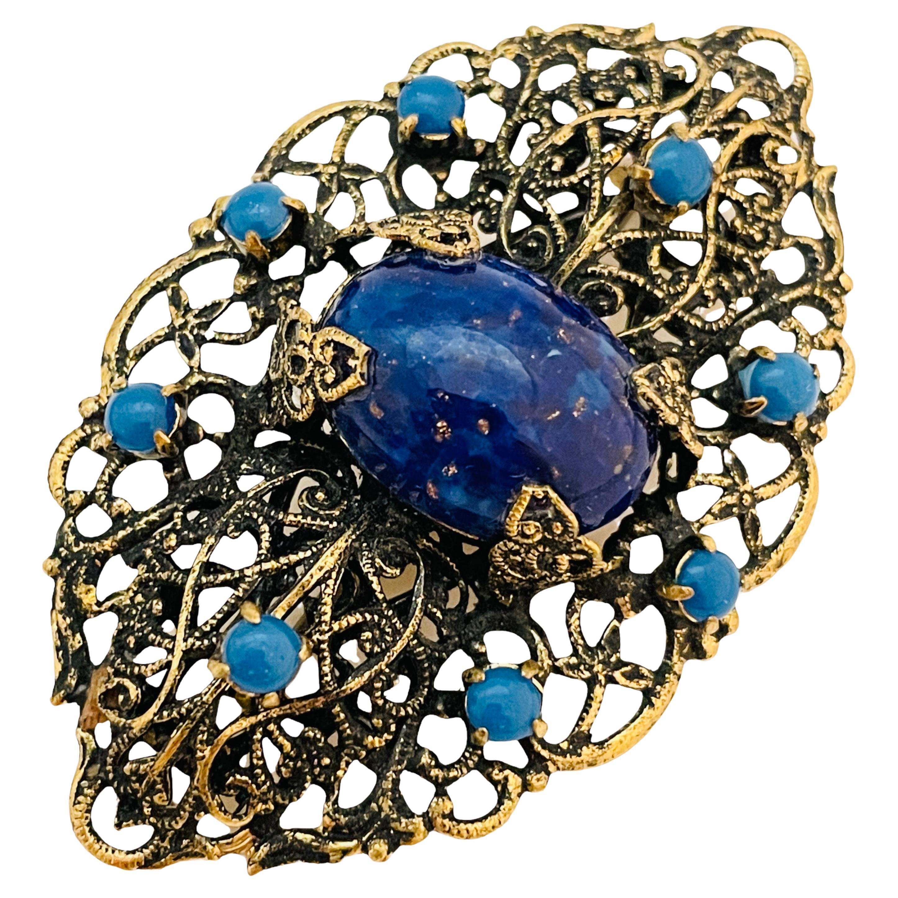 MADE IN GERMANY broche vintage de cristal lapislázuli dorado firmado de diseño