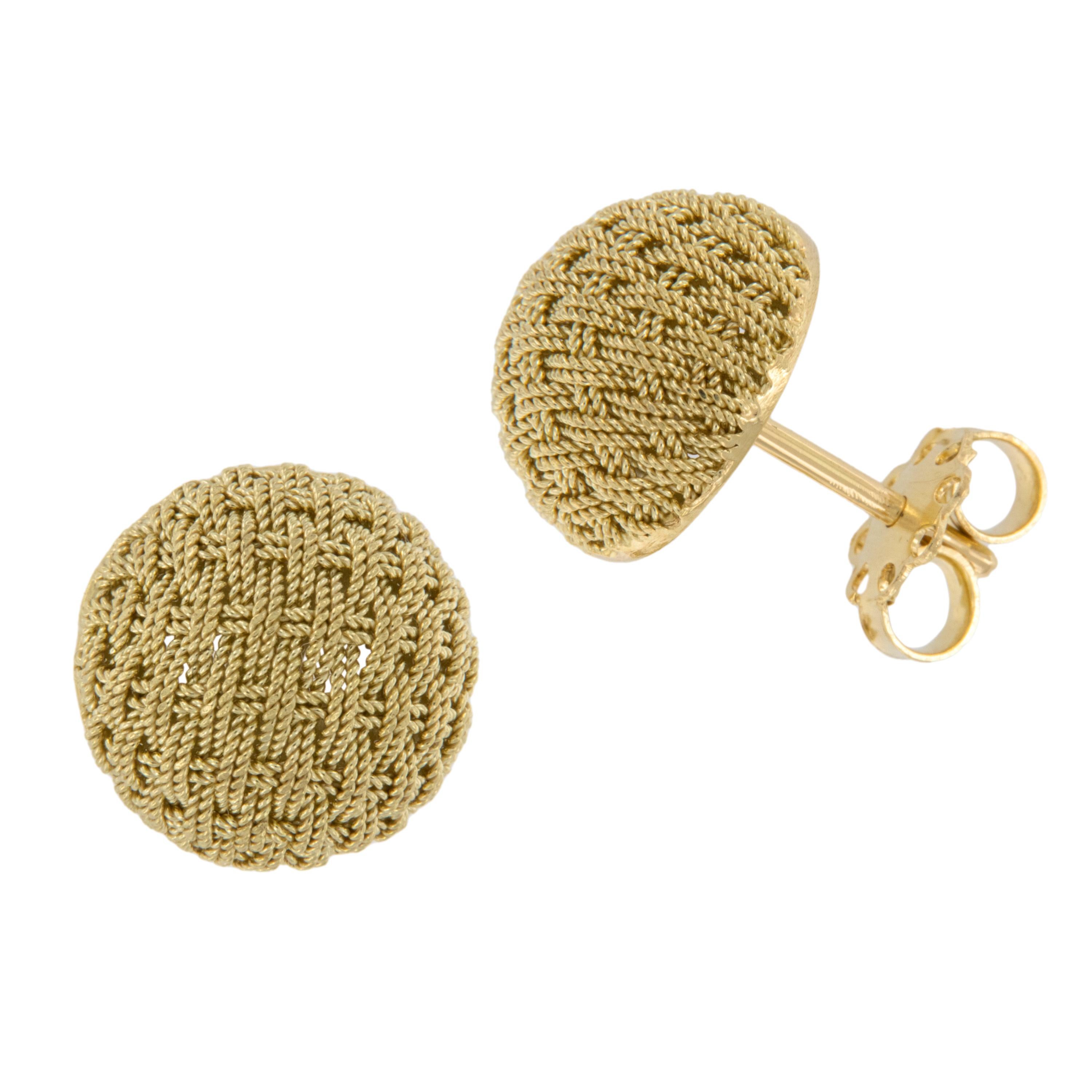 Byzantine Made in Italy 18 Karat Yellow Gold Basket Weave Button Stud Earrings