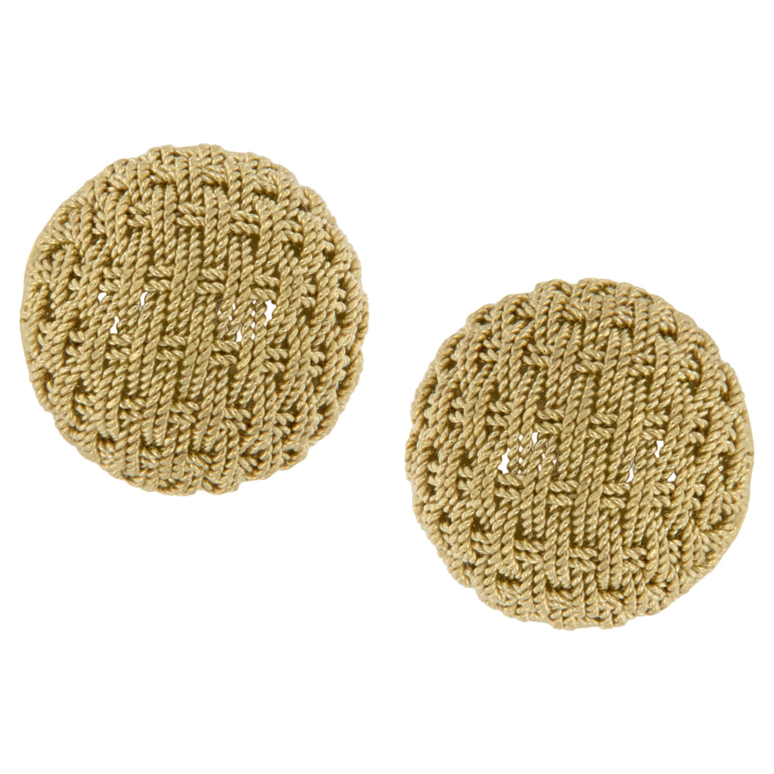 Made in Italy 18 Karat Yellow Gold Basket Weave Button Stud Earrings