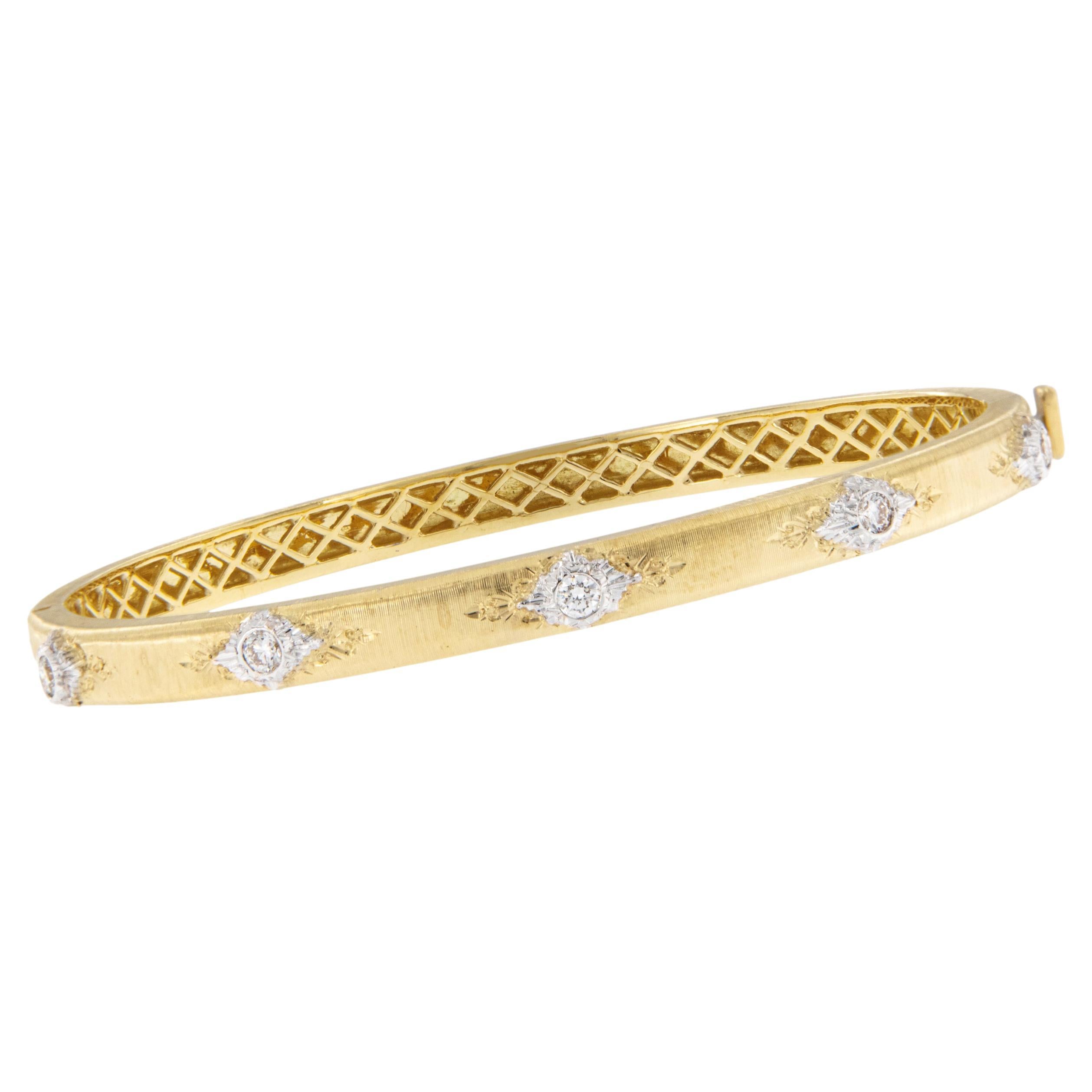 Made in Italy 18 Karat Yellow Gold Florentine Finish Diamond Bangle Bracelet For Sale