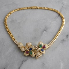 Made in Italy 18k Yellow gold Green Emerald Blue Sapphire Rubies Necklace