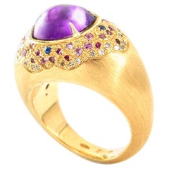 Made in Italy 18Kt Yellow Brushed Gold Amethyst, Ruby and Diamond Cocktail Ring