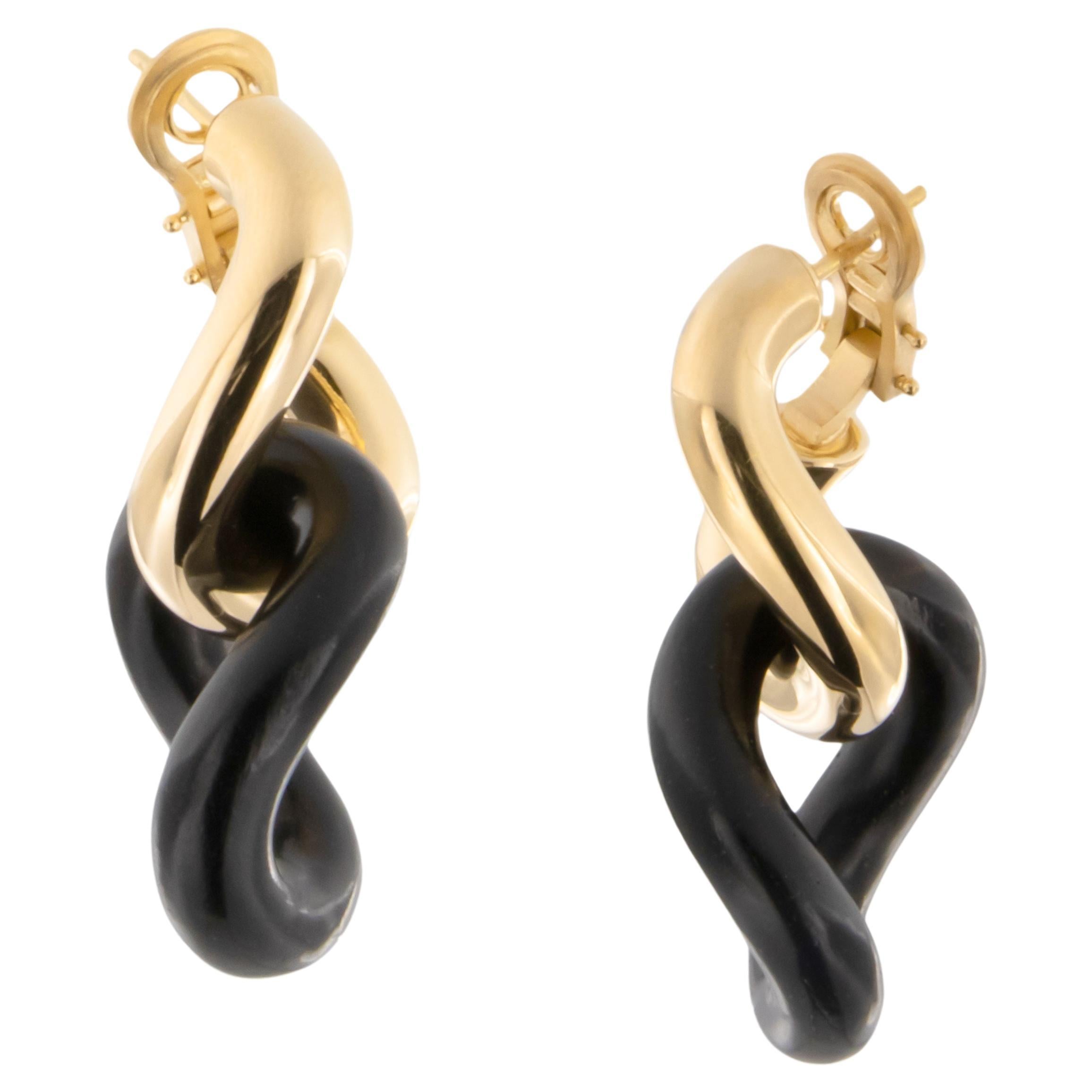 Made in Italy by Micheletto 18 Karat Yellow Gold and Ebony Twist Earrings For Sale