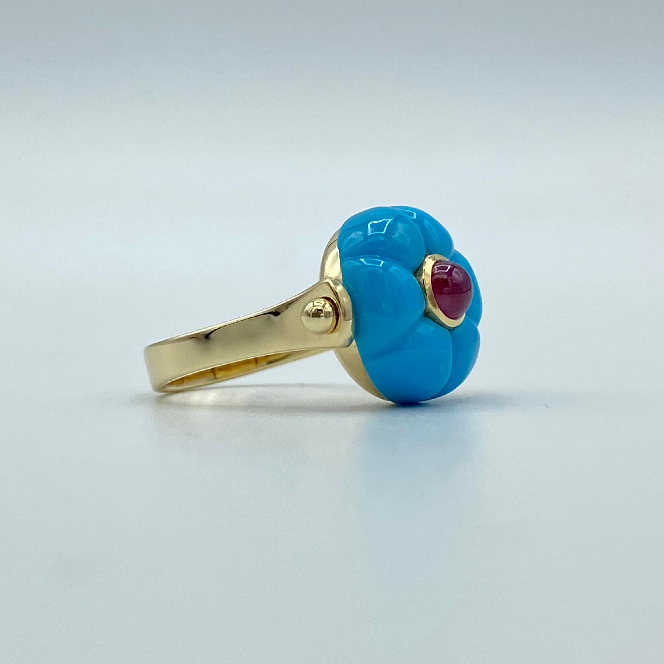 Classical Roman Made in Italy Gemstone Cabochon Ruby Turquoise 18Kt Yellow Gold Roman Style Ring