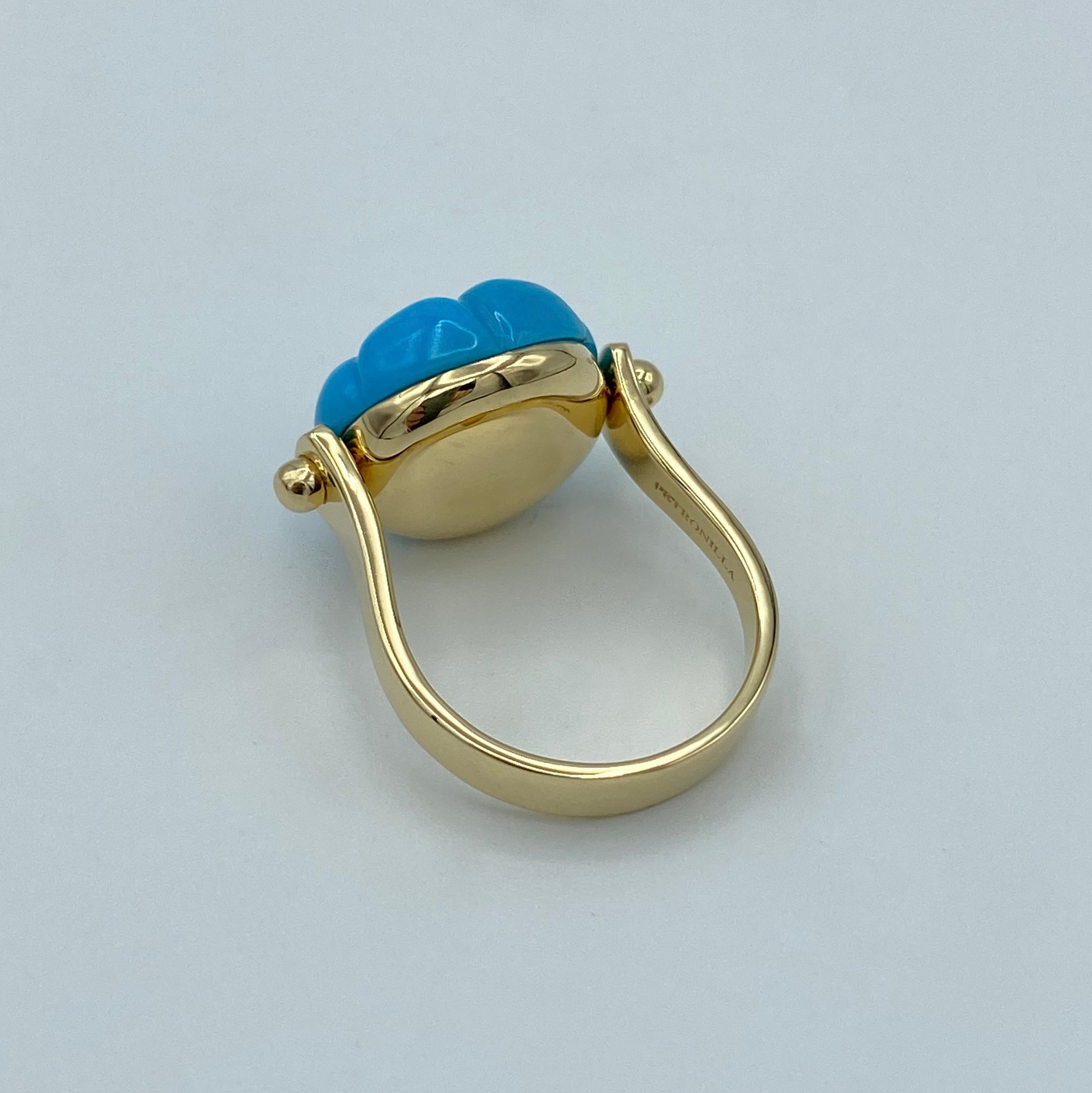 Made in Italy Gemstone Cabochon Ruby Turquoise 18Kt Yellow Gold Roman Style Ring In New Condition In Bussolengo, Verona