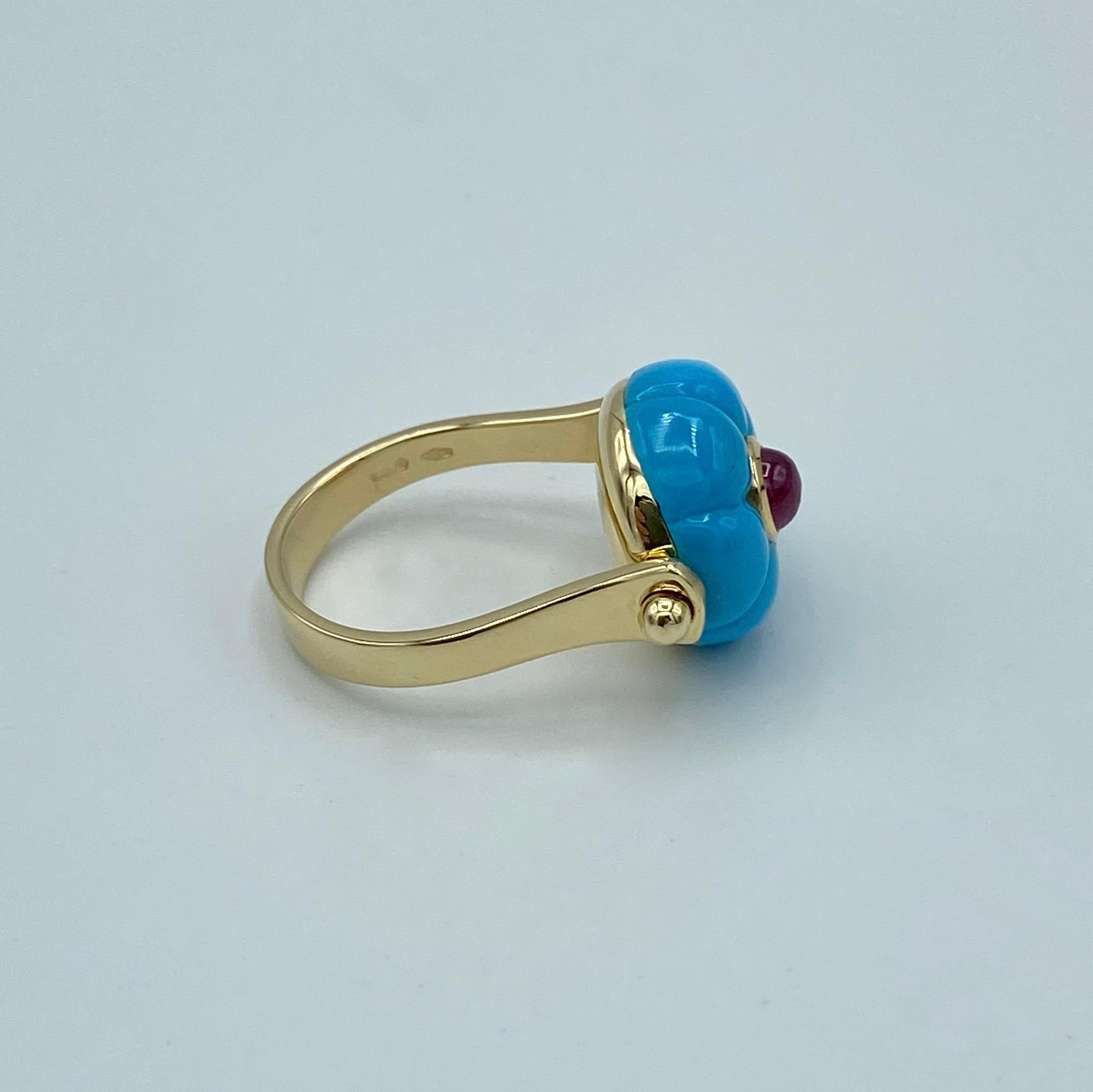 Women's Made in Italy Gemstone Cabochon Ruby Turquoise 18Kt Yellow Gold Roman Style Ring