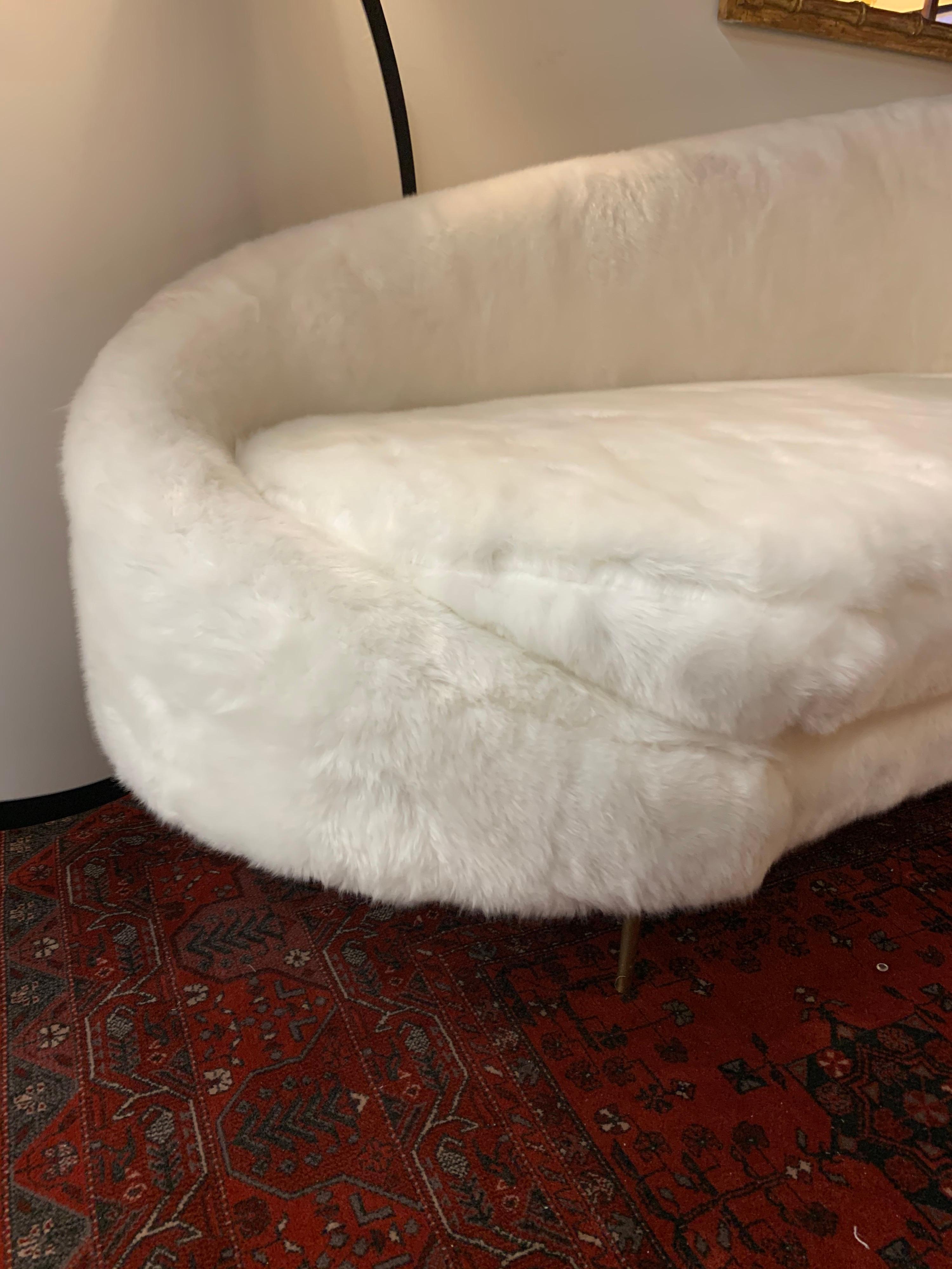 Mid-Century Modern Made in Italy Sculptural Sofa with Mongolian Fur White Upholstery