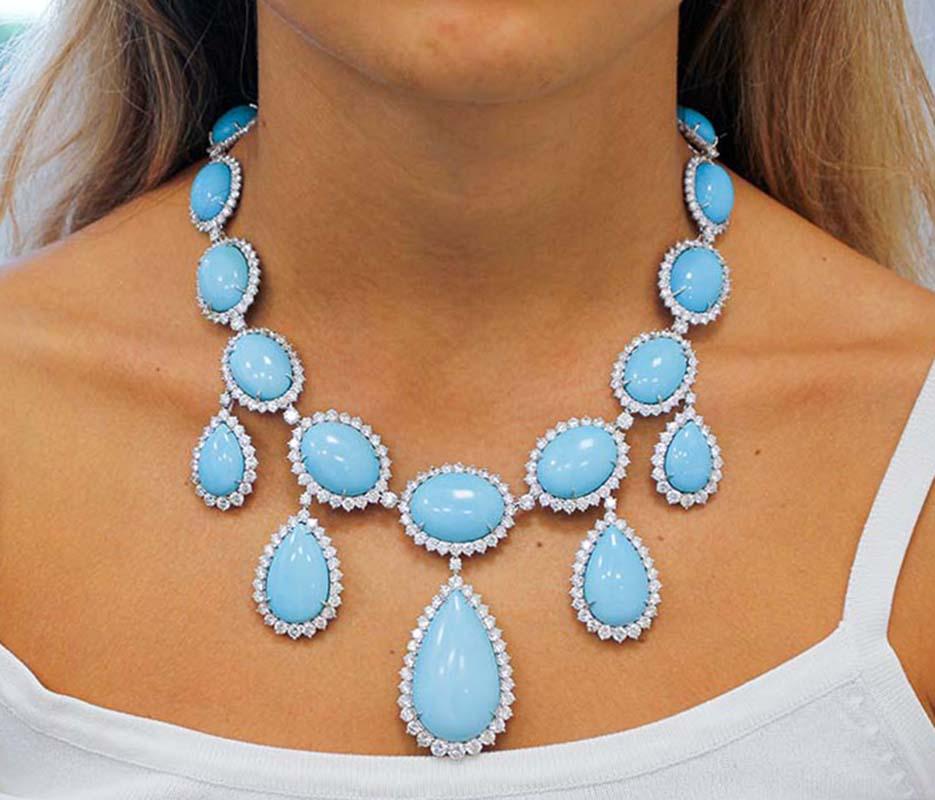 Retro Made in Italy Rare Turquoise Drop Set Necklace, Diamonds, 18kt White Gold