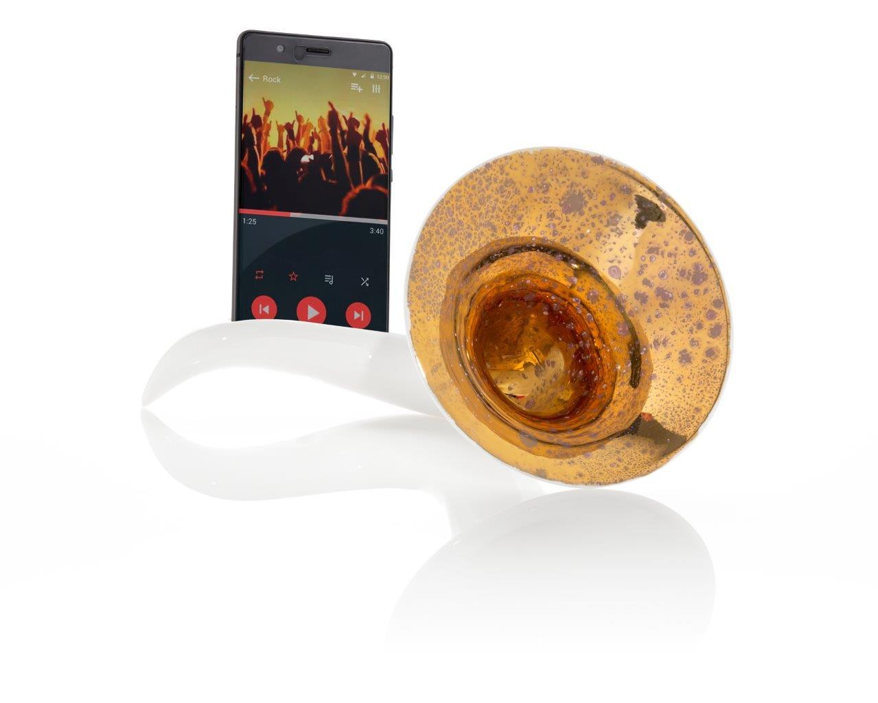Sound Amplifier, hergestellt in Italien, weiß-goldene Keramik, anpassbarer Lautsprecher, 2022 (Handgefertigt) im Angebot