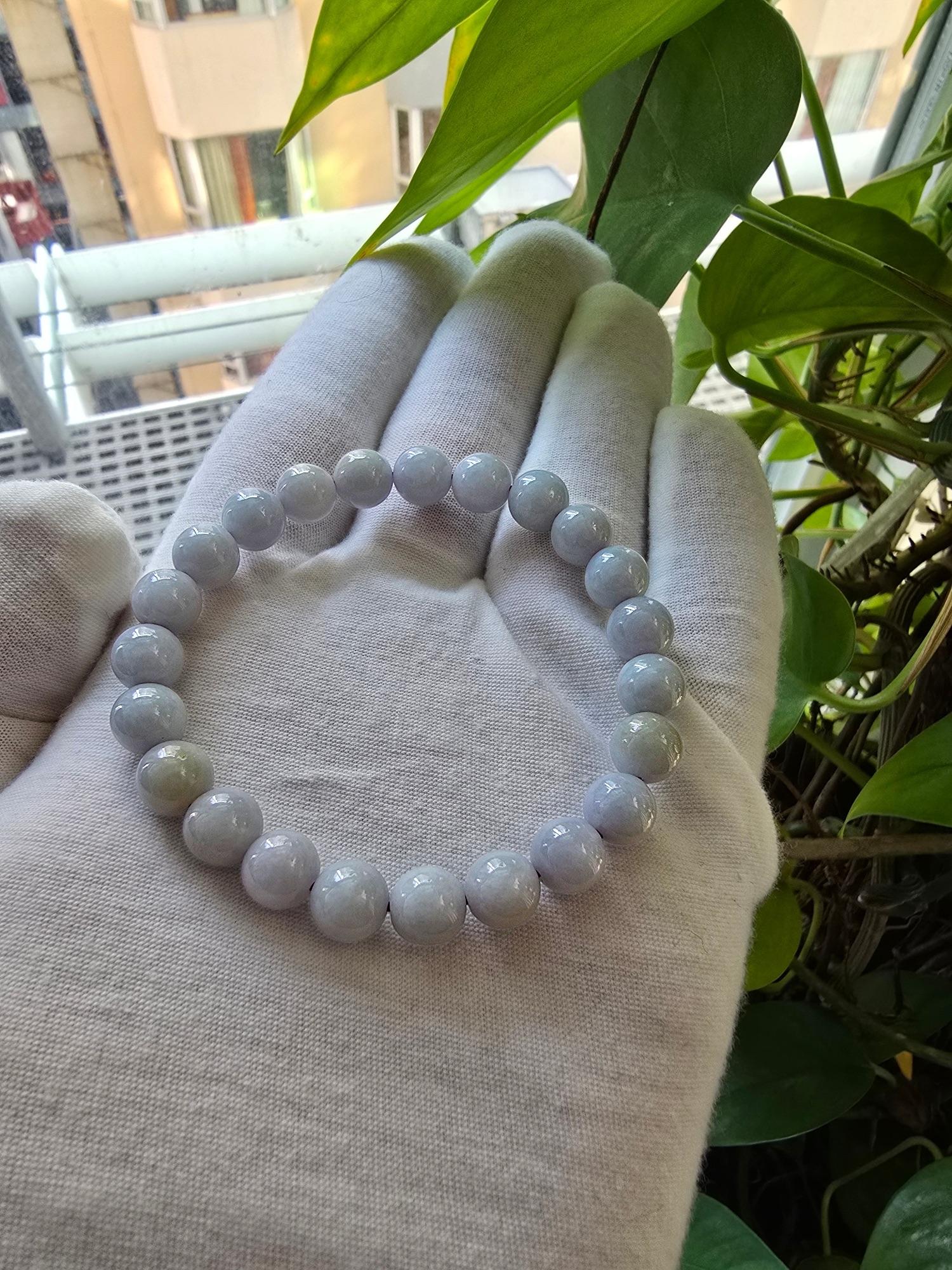 MADE IN JAPAN 8mm Beads Lavender Purple Burmese A-Jade Beaded Bracelet For Sale 5
