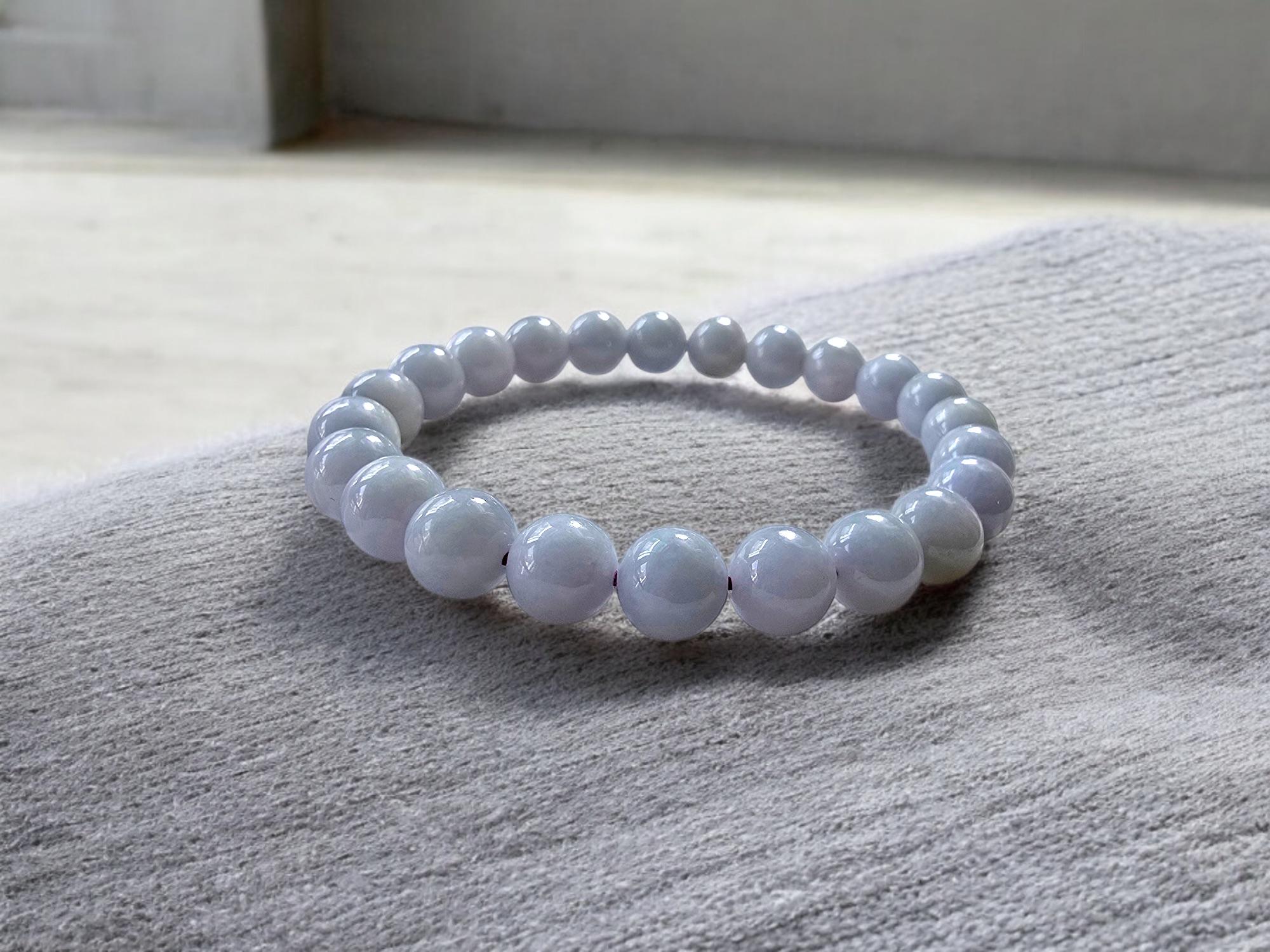 8mm each, 23 perfectly calibrated Round Lavender Purple Burmese A-Jade Jadeite Beads. This unique beads bracelet is 100% cut, calibrated, strung, and MADE IN JAPAN. Some of the rarest naturally occurring hues of A-Jadeite, calibrated Lavender beads