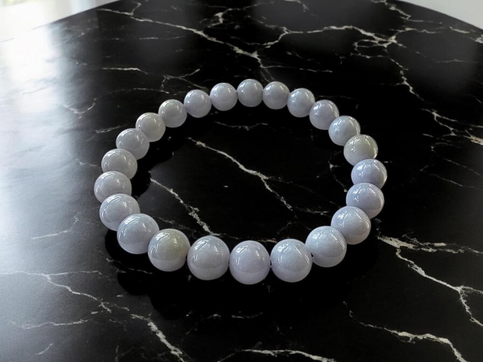 MADE IN JAPAN 8mm Beads Lavender Purple Burmese A-Jade Beaded Bracelet For Sale 3