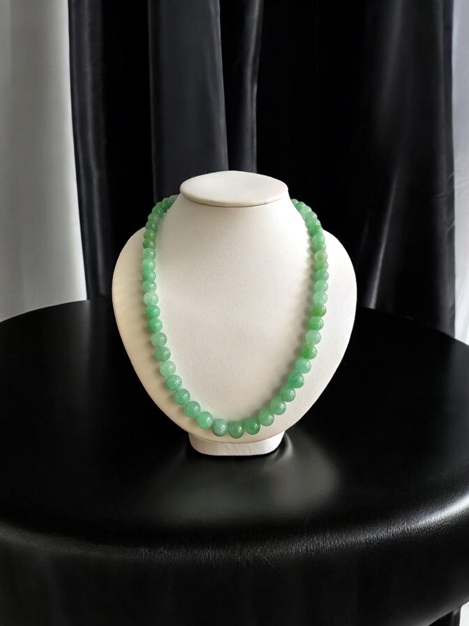 MADE IN JAPAN 8.50-10mm each, 57 perfectly calibrated gradient Green Burmese Jadeite Beads Necklace with Sterling Silver 925 Clasp.

This unique beads Necklace  is 100% cut, calibrated, strung, and MADE IN JAPAN. Inspired by the Hokkaido landscape,