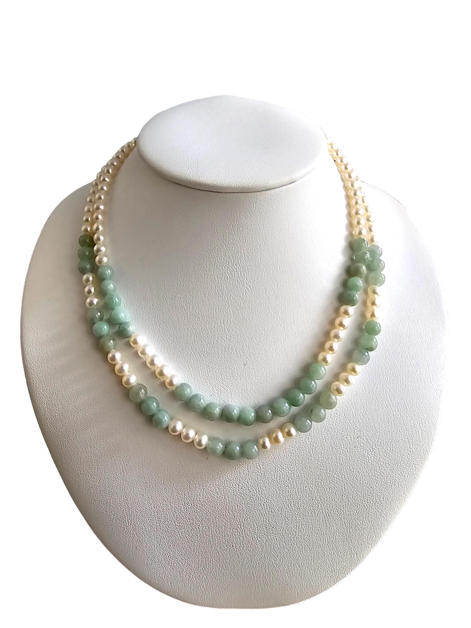 MADE IN JAPAN Burmese A-Jade & Pearl Beaded Necklace w/ Silver 925 For Sale 7