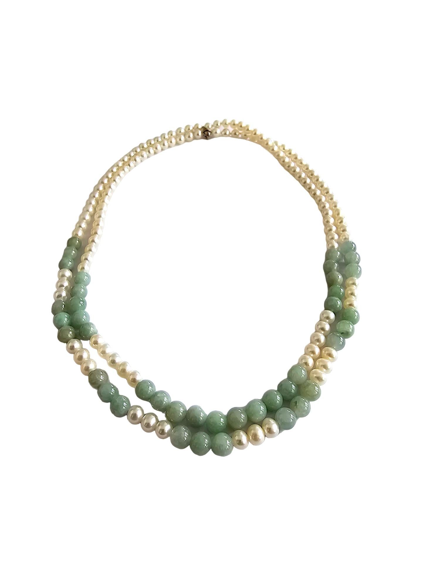 MADE IN JAPAN Burmese A-Jade & Pearl Beaded Necklace w/ Silver 925 For Sale 8