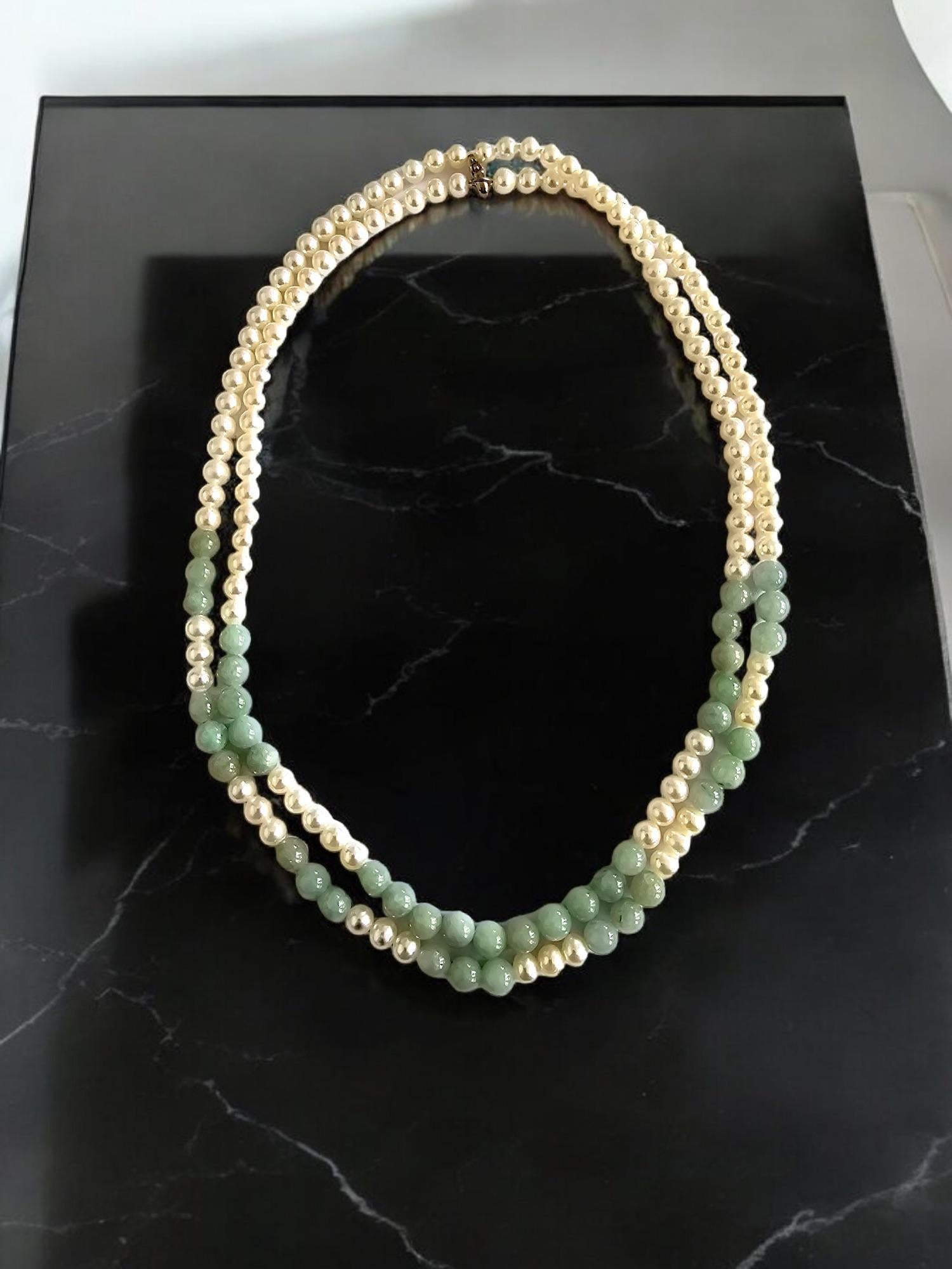 Uncut MADE IN JAPAN Burmese A-Jade & Pearl Beaded Necklace w/ Silver 925 For Sale