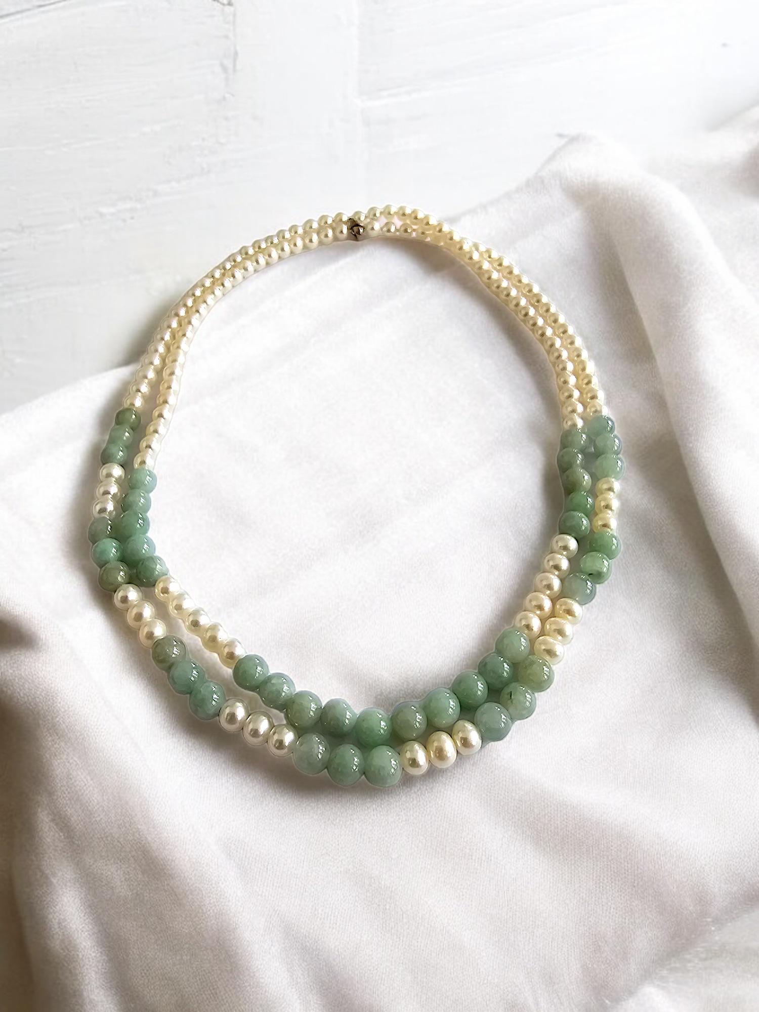 MADE IN JAPAN Burmese A-Jade & Pearl Beaded Necklace w/ Silver 925 In New Condition For Sale In Kowloon, HK