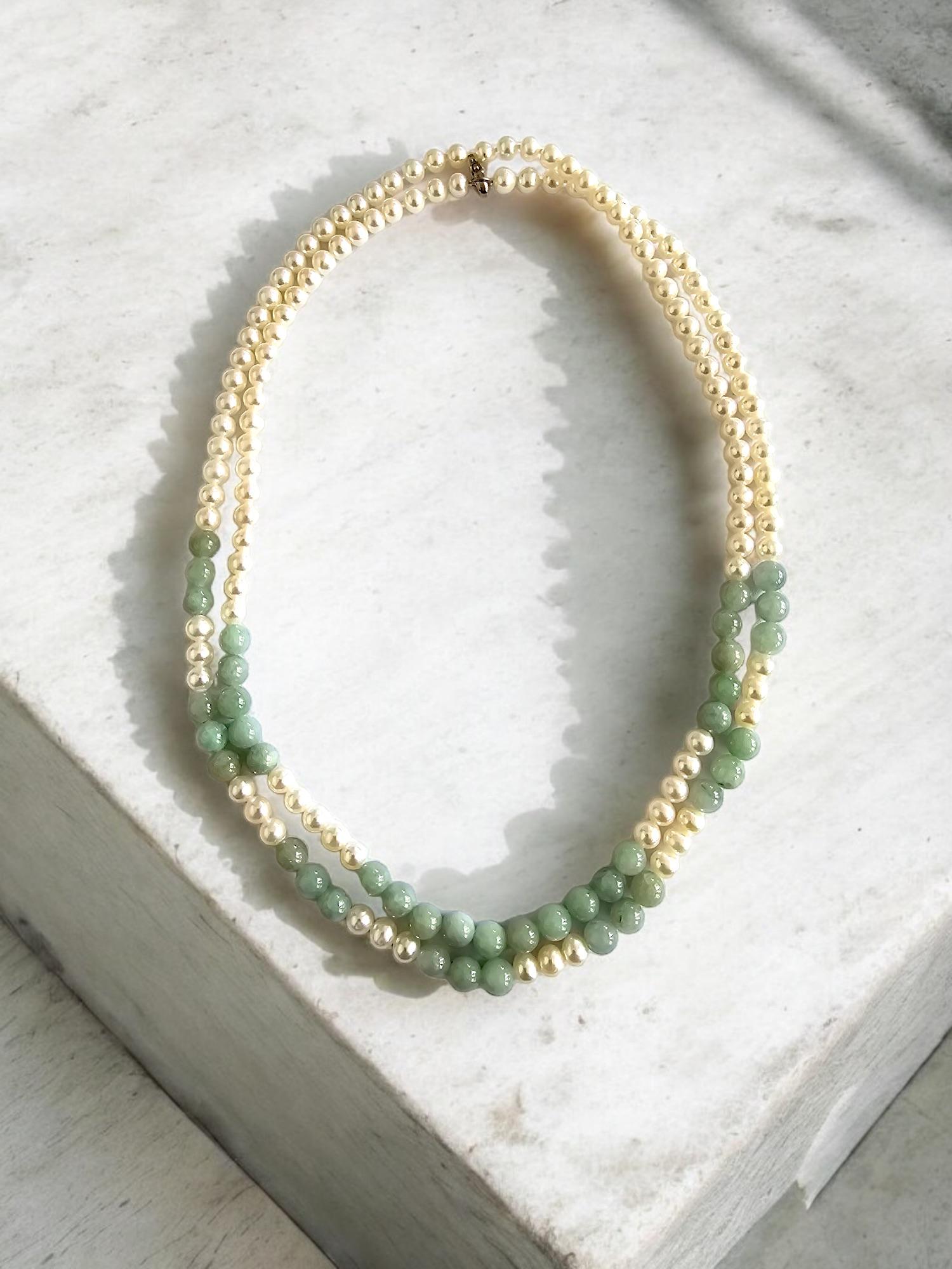 Women's or Men's MADE IN JAPAN Burmese A-Jade & Pearl Beaded Necklace w/ Silver 925 For Sale