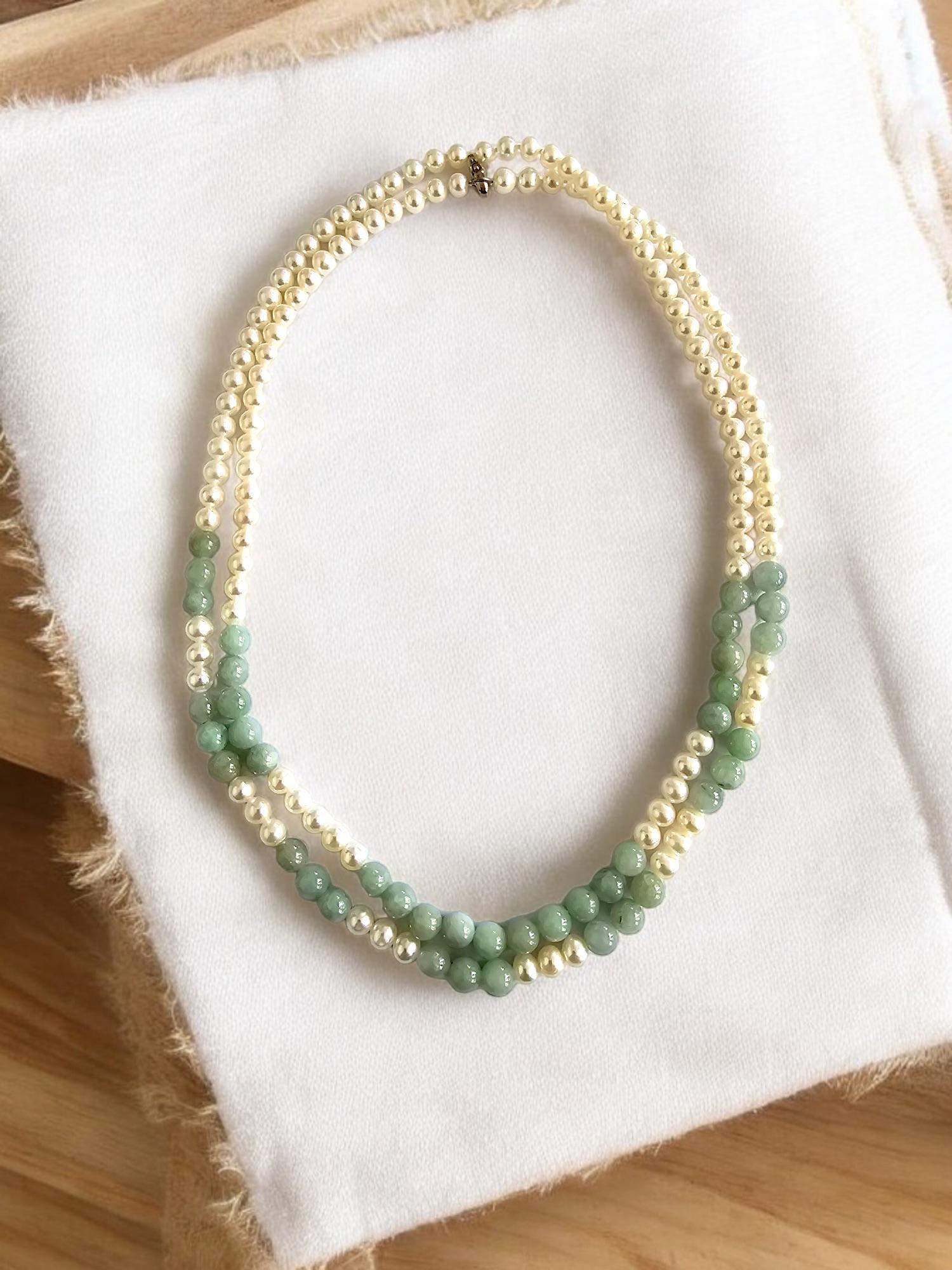 MADE IN JAPAN Burmese A-Jade & Pearl Beaded Necklace w/ Silver 925 For Sale 1