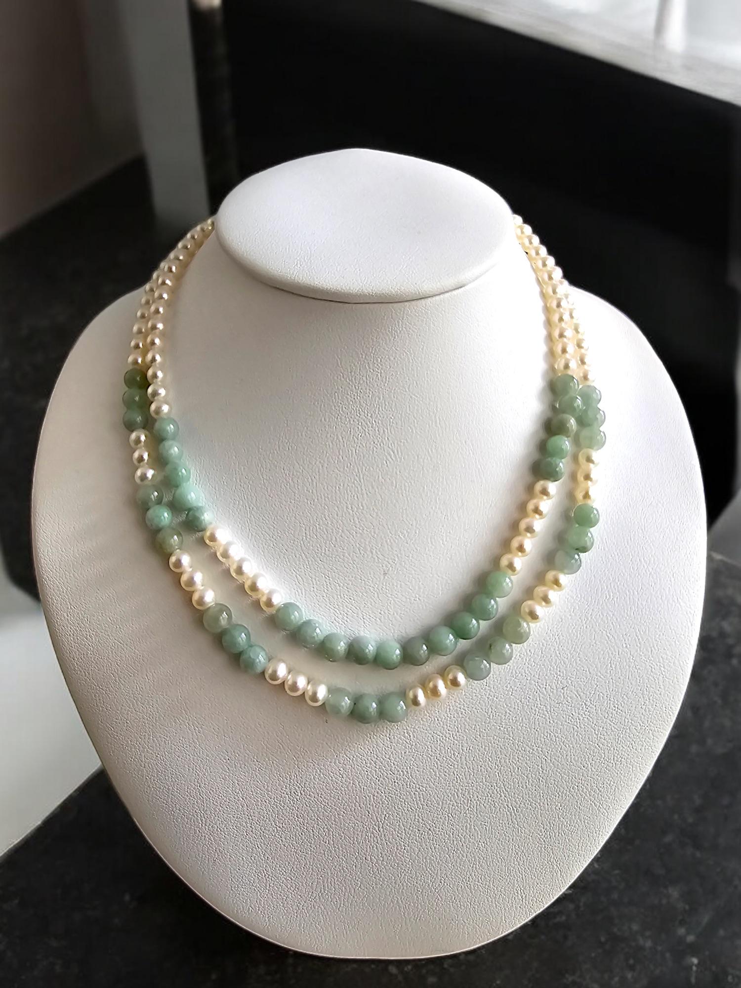 MADE IN JAPAN Burmese A-Jade & Pearl Beaded Necklace w/ Silver 925 For Sale 2
