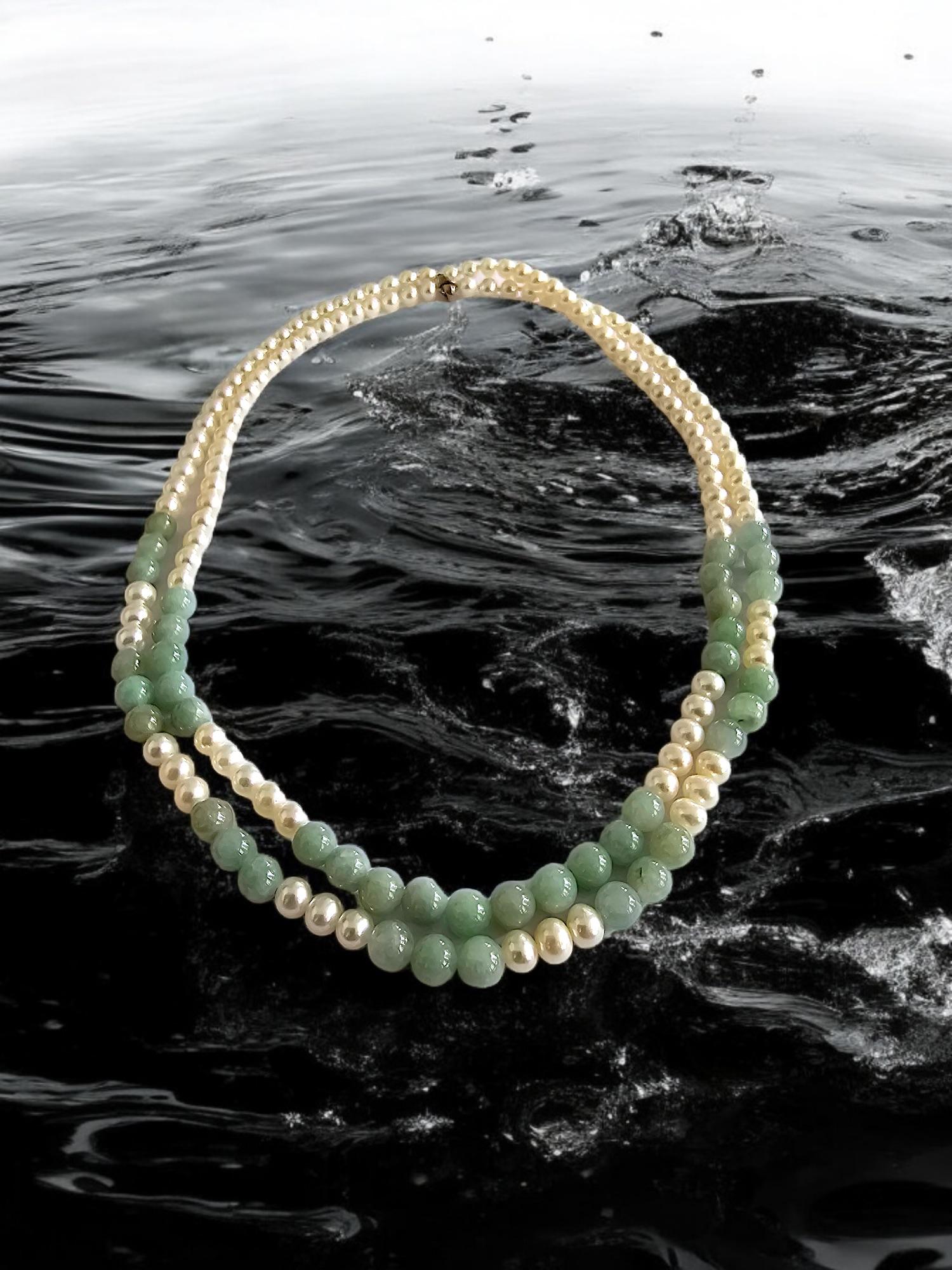 MADE IN JAPAN Burmese A-Jade & Pearl Beaded Necklace w/ Silver 925 For Sale 3
